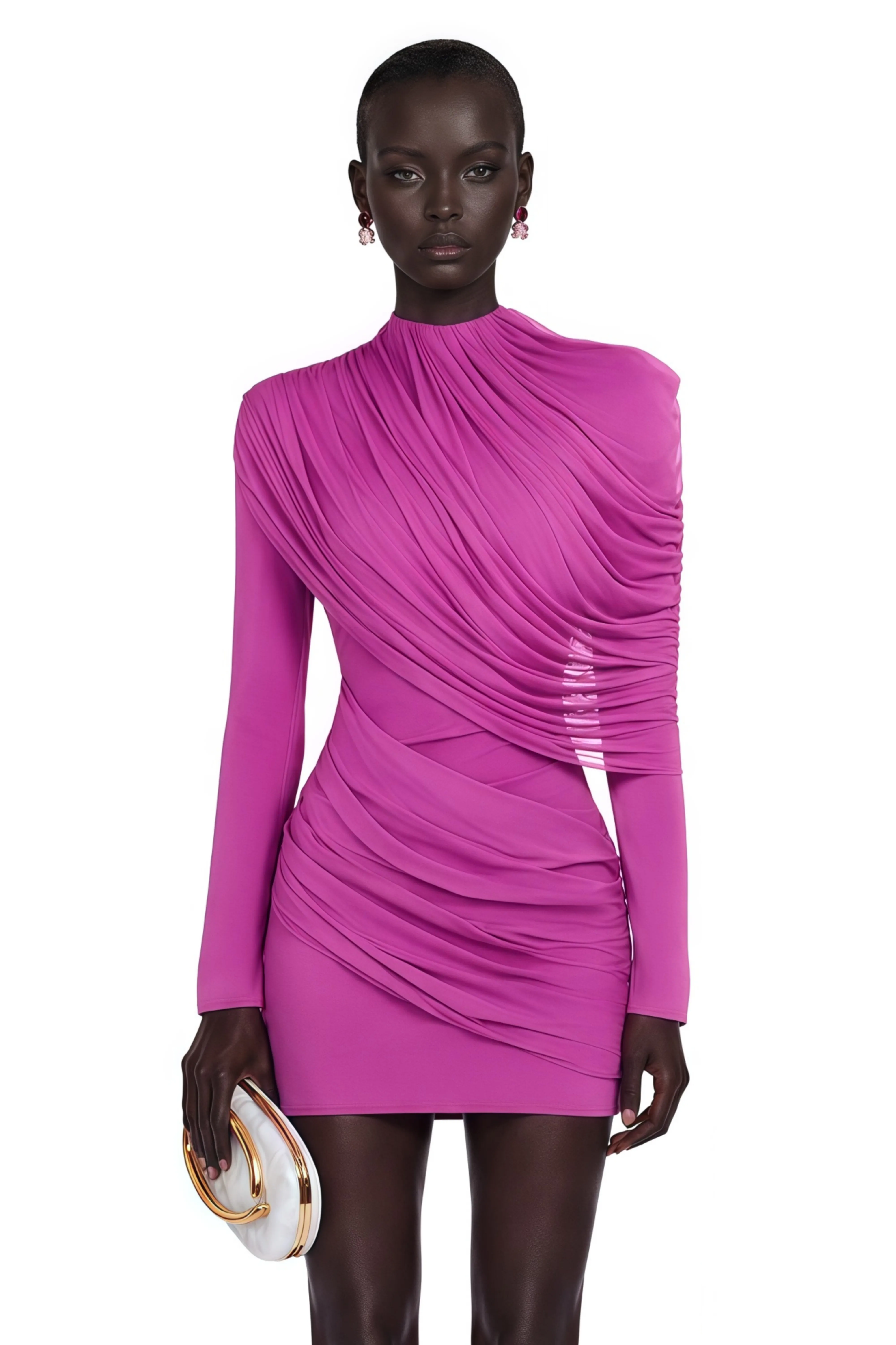 Zelmira Fuchsia Draped Long Sleeves Mini Dress