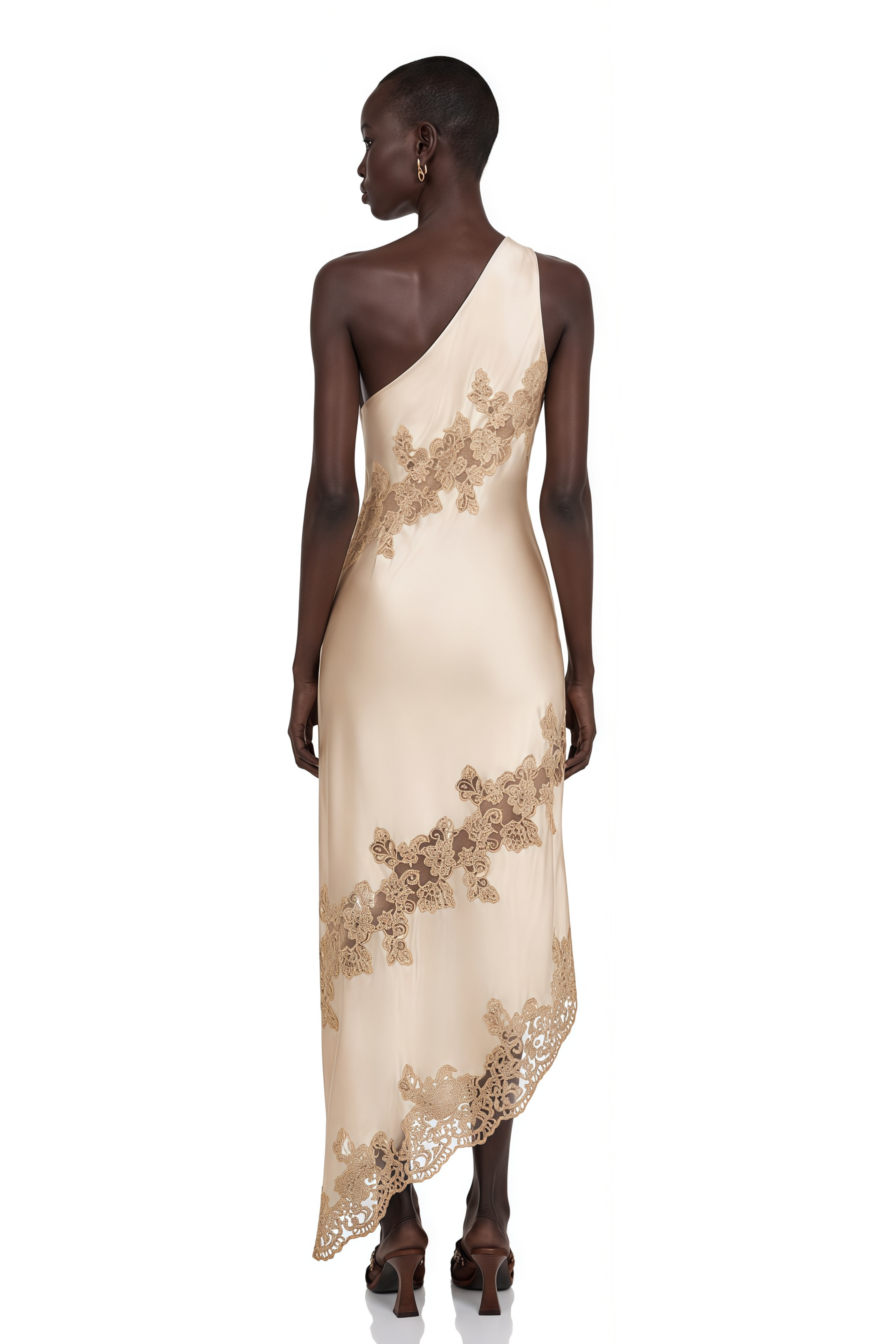 Champagne satin one-shoulder maxi dress with lace appliqués