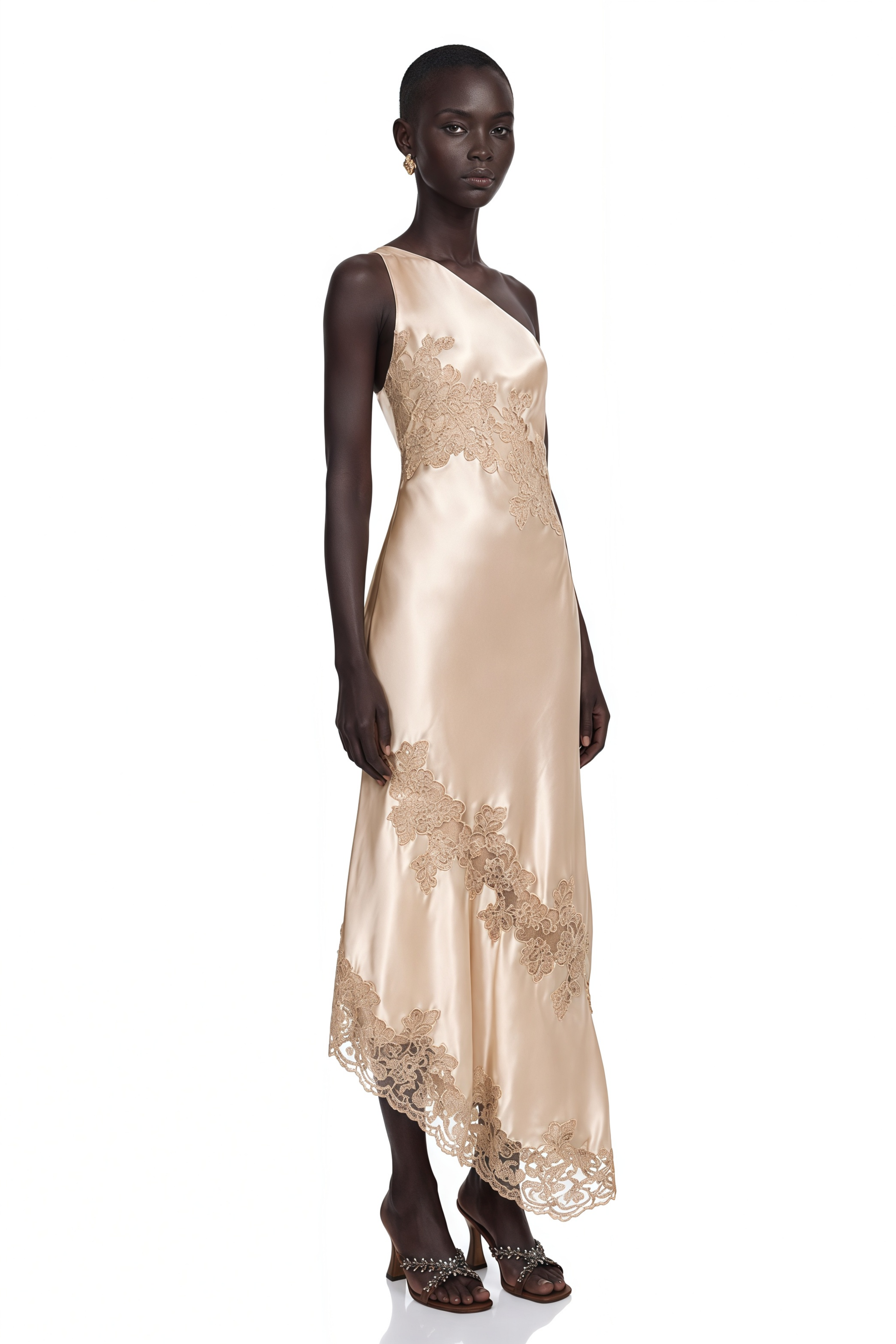 Champagne satin one-shoulder maxi dress with lace appliqués