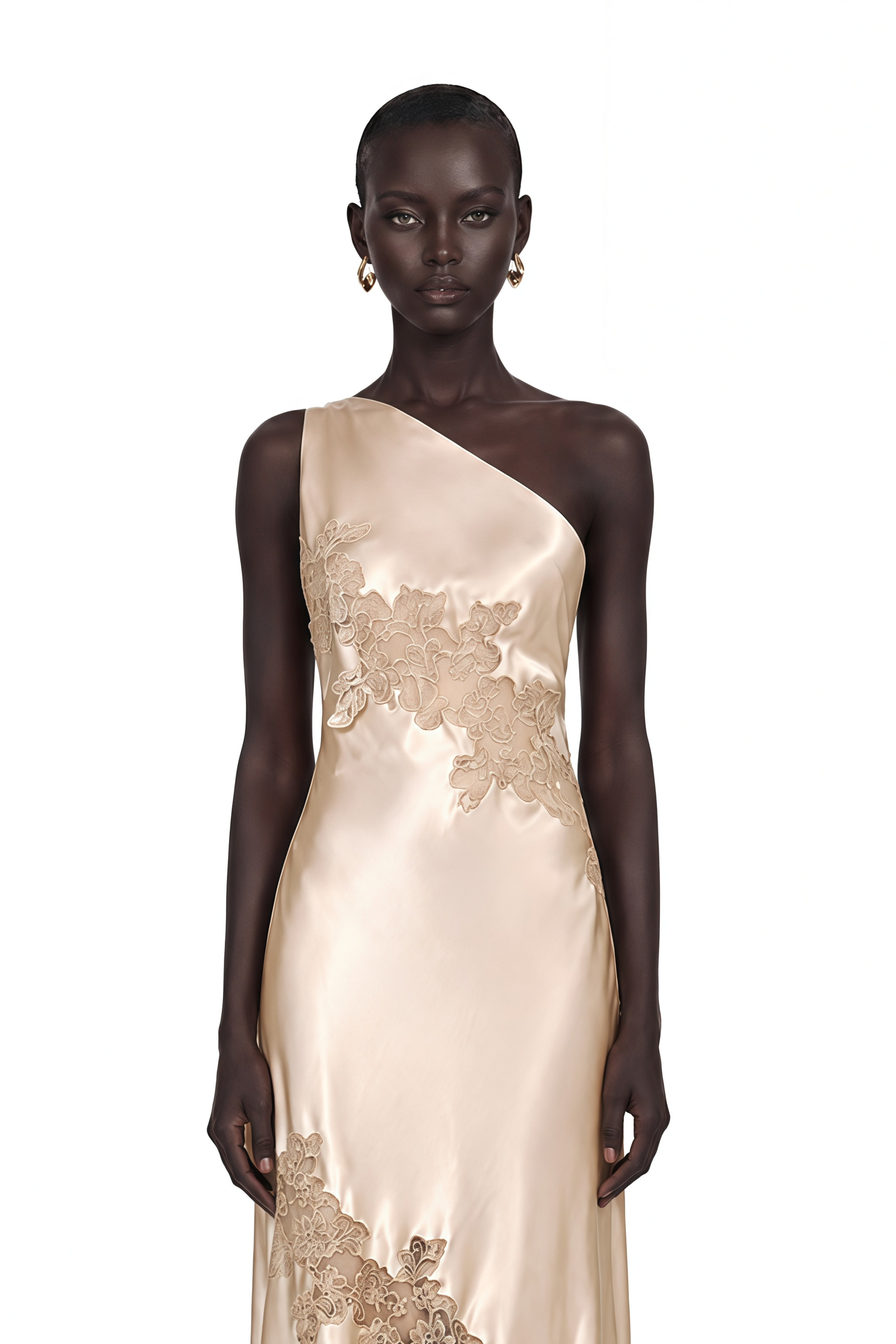 Champagne satin one-shoulder maxi dress with lace appliqués