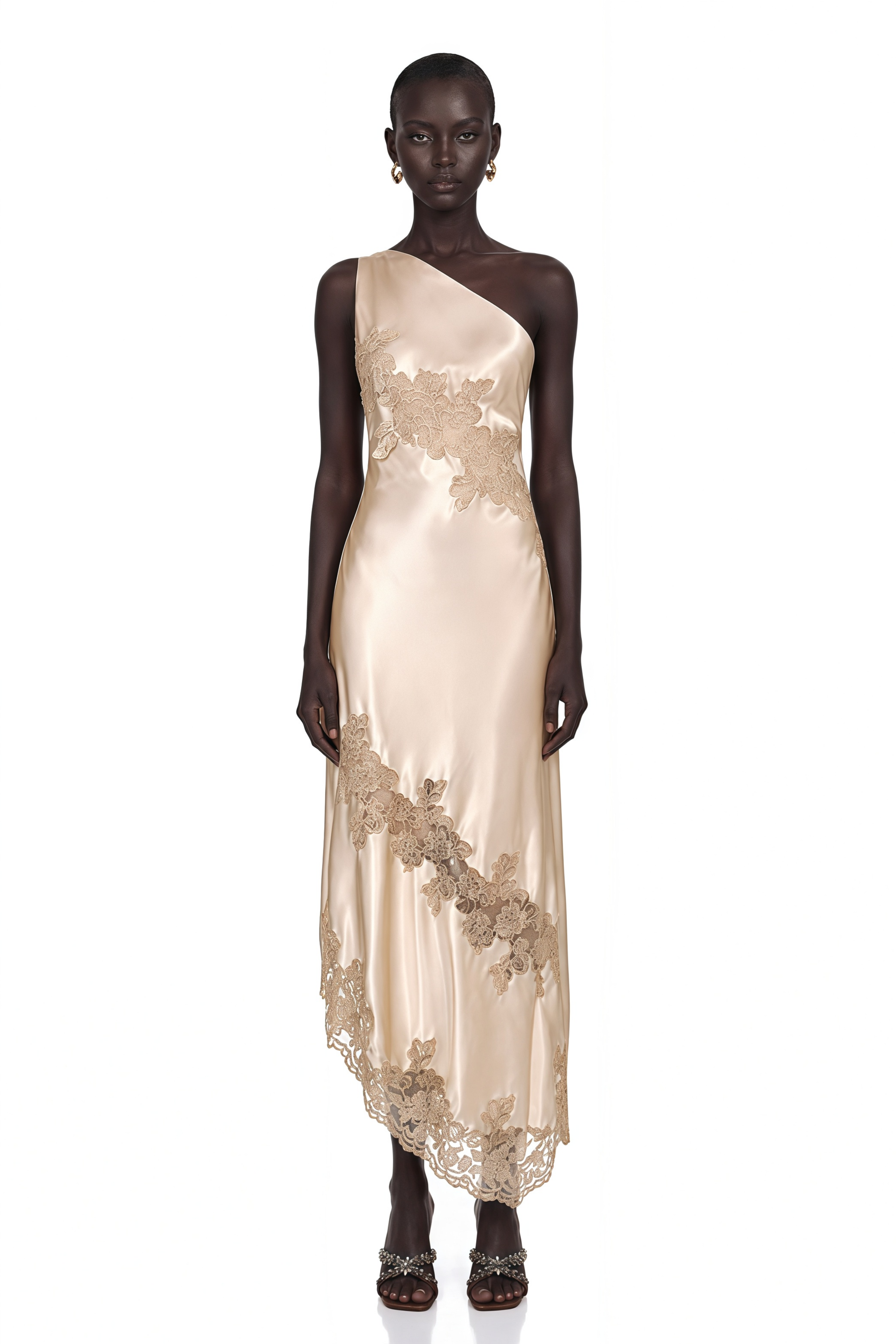 Champagne satin one-shoulder maxi dress with lace appliqués
