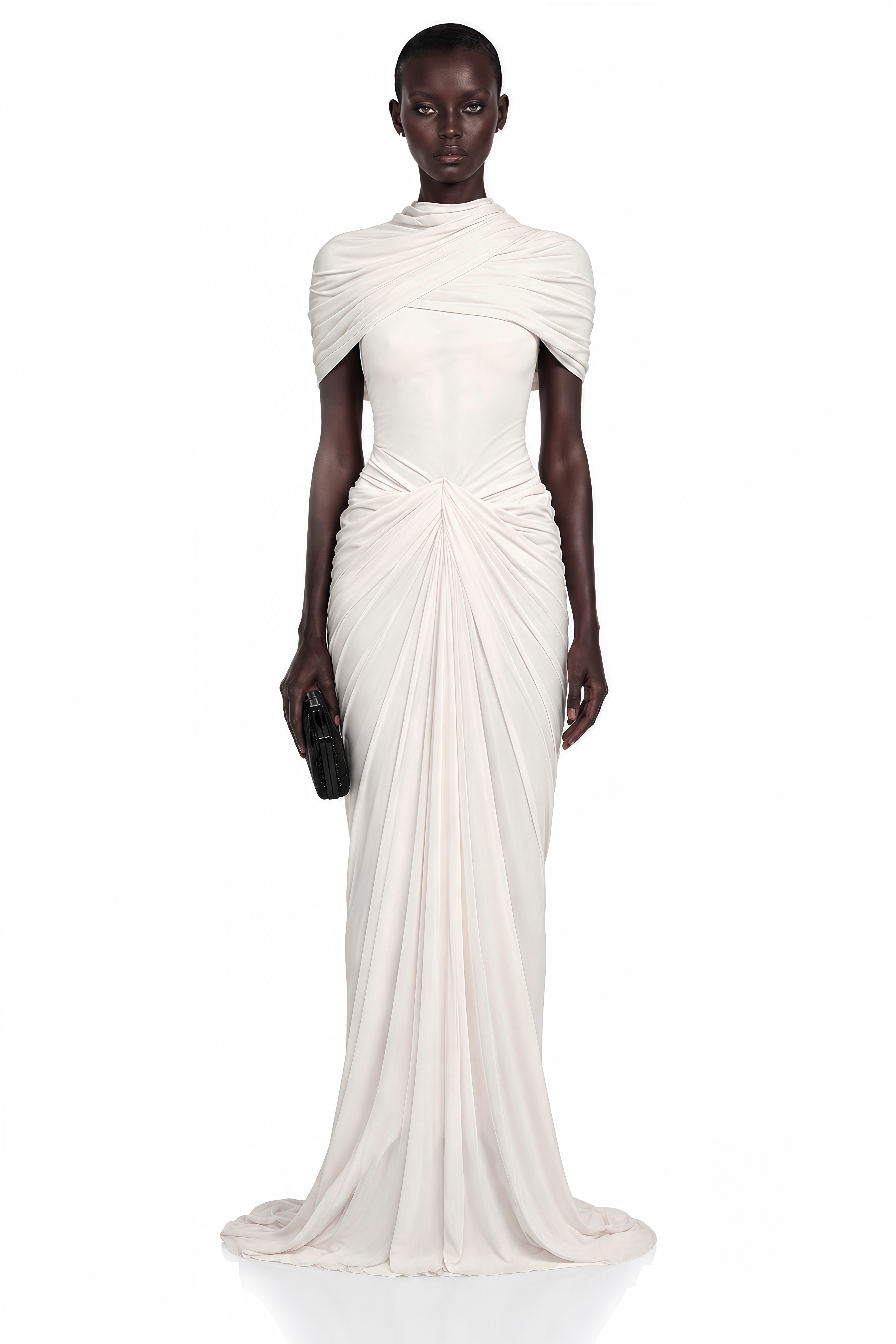 White maxi dress with a crossed off-the-shoulder neckline and centered front ruching
