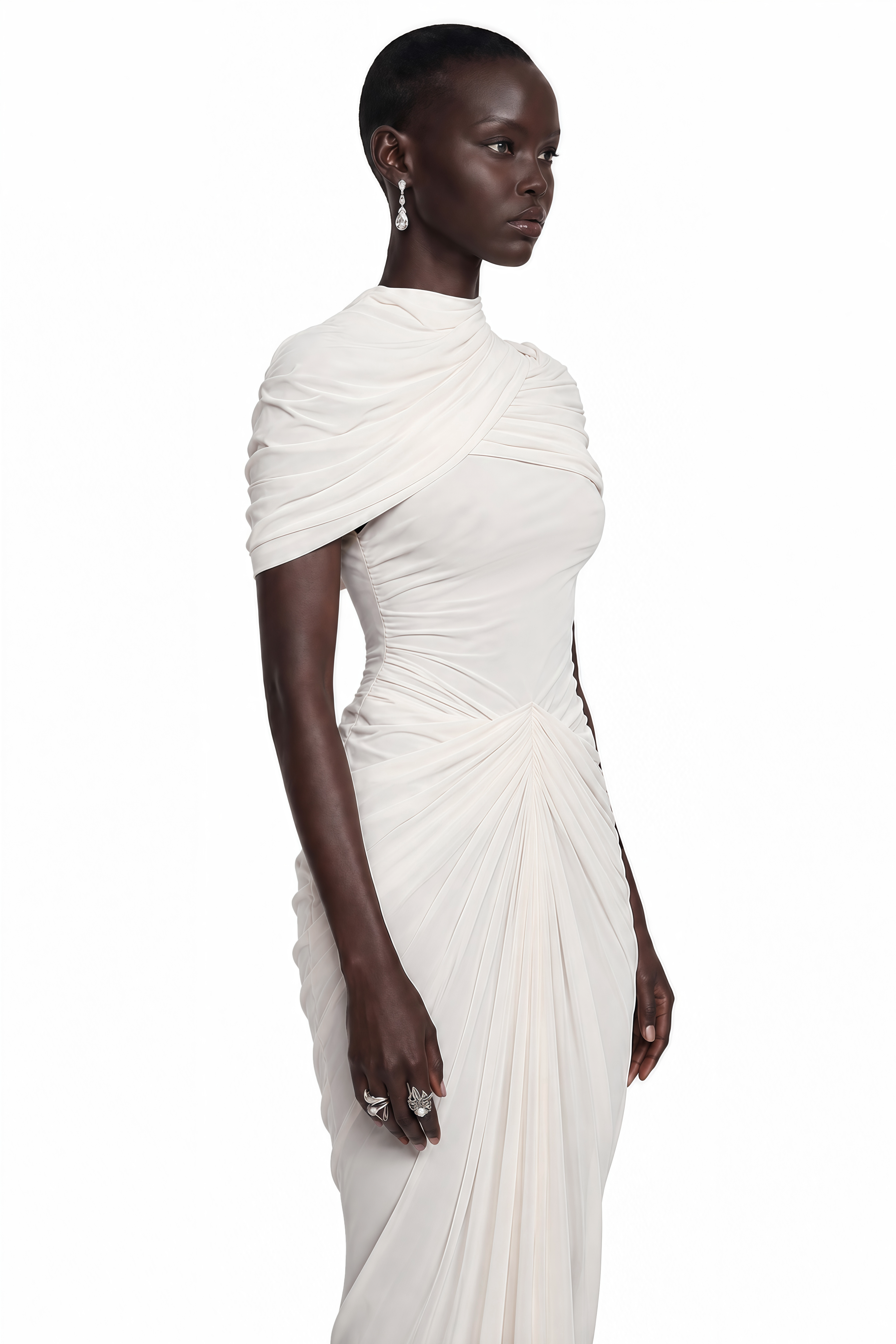 White maxi dress with a crossed off-the-shoulder neckline and centered front ruching