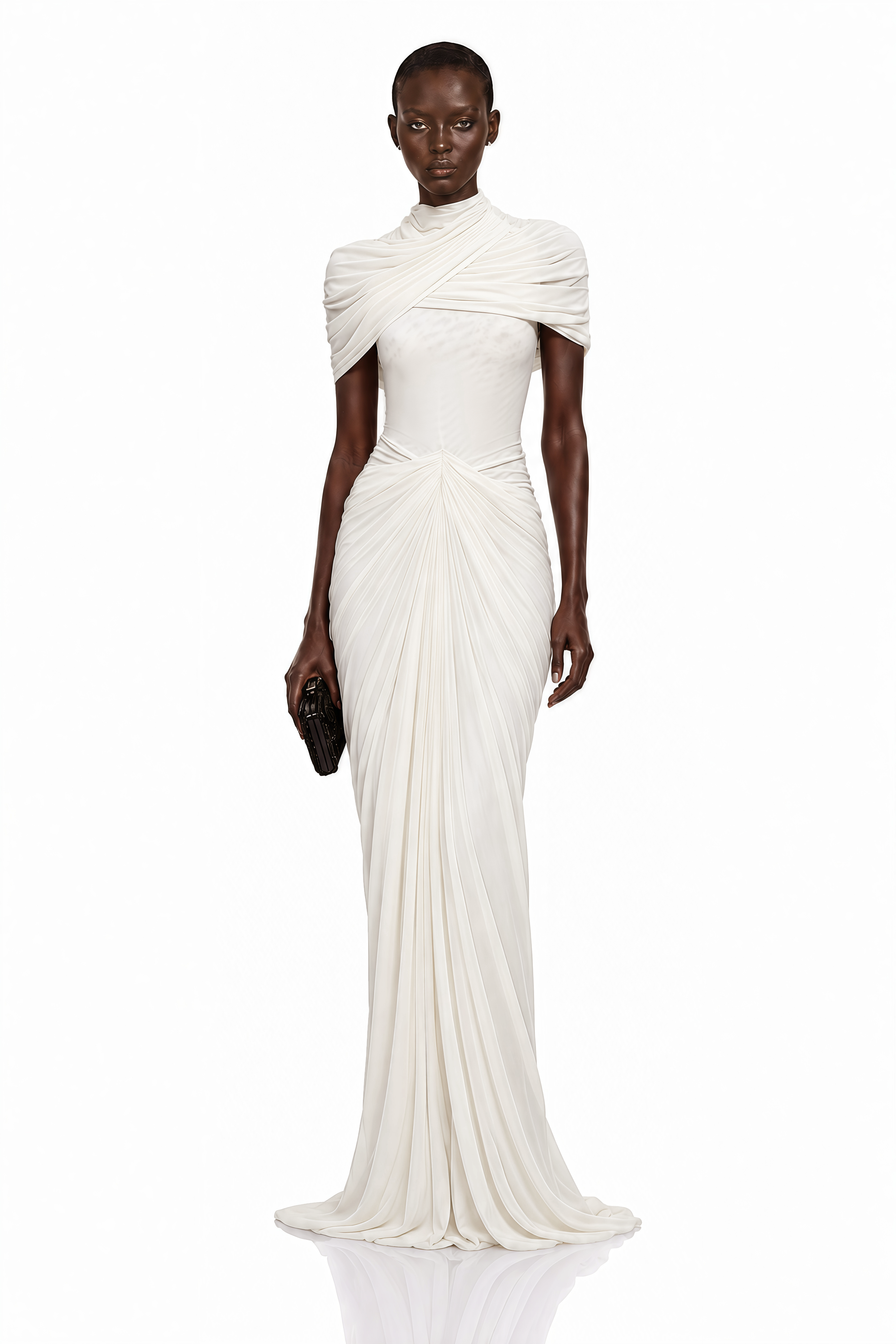 White maxi dress with a crossed off-the-shoulder neckline and centered front ruching