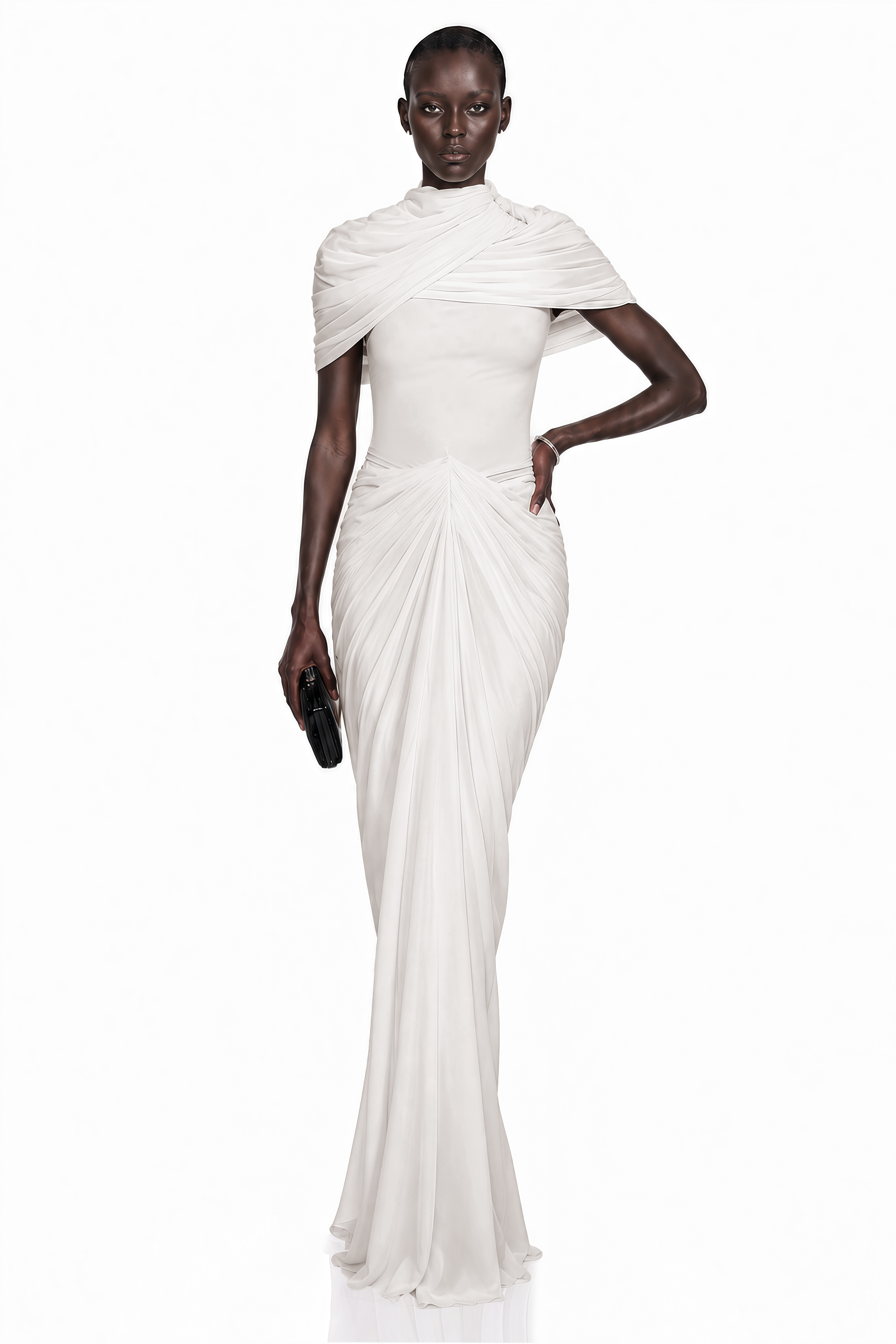 White maxi dress with a crossed off-the-shoulder neckline and centered front ruching