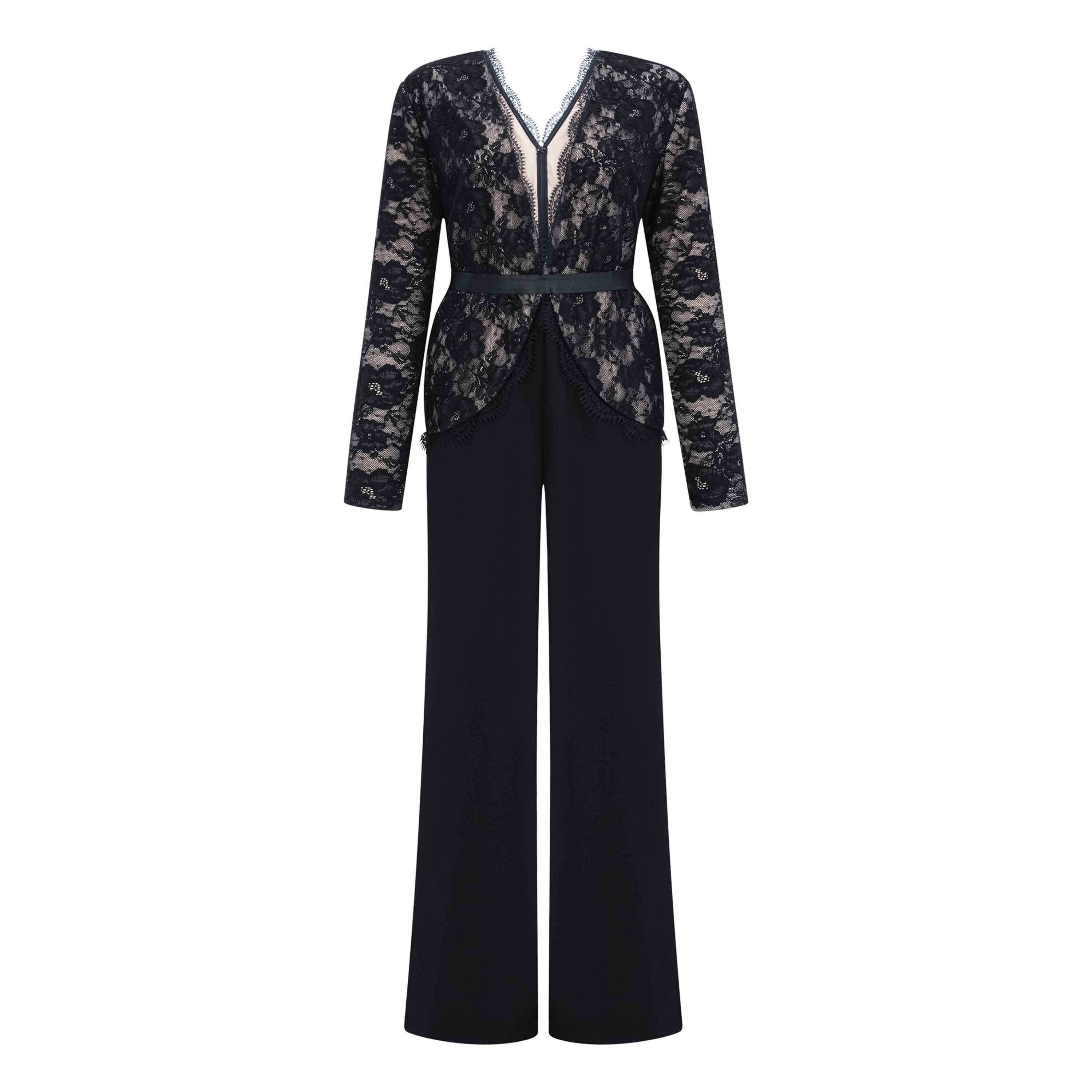 Zhadana Black Semi-Sheer Lace Panel Jumpsuit