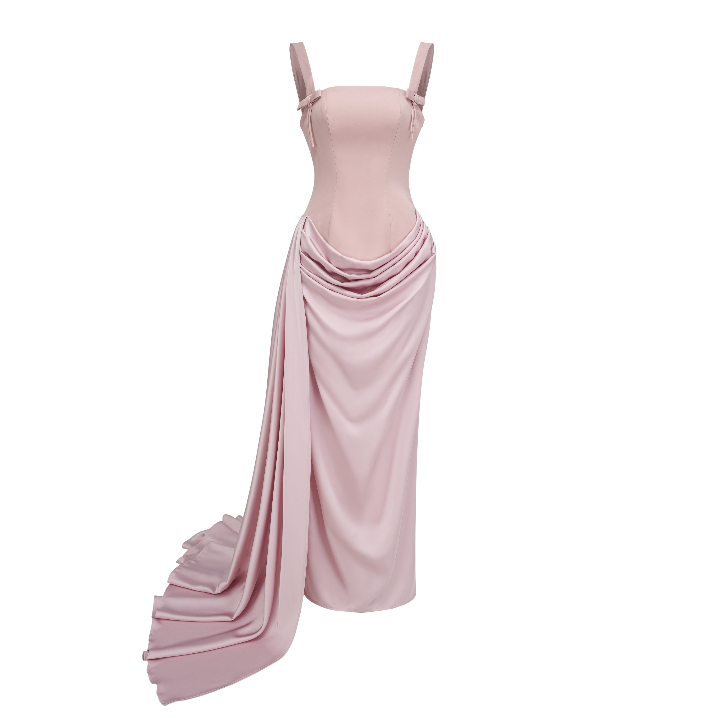 Zinnia Pink Ruched Maxi Dress with Bow Straps