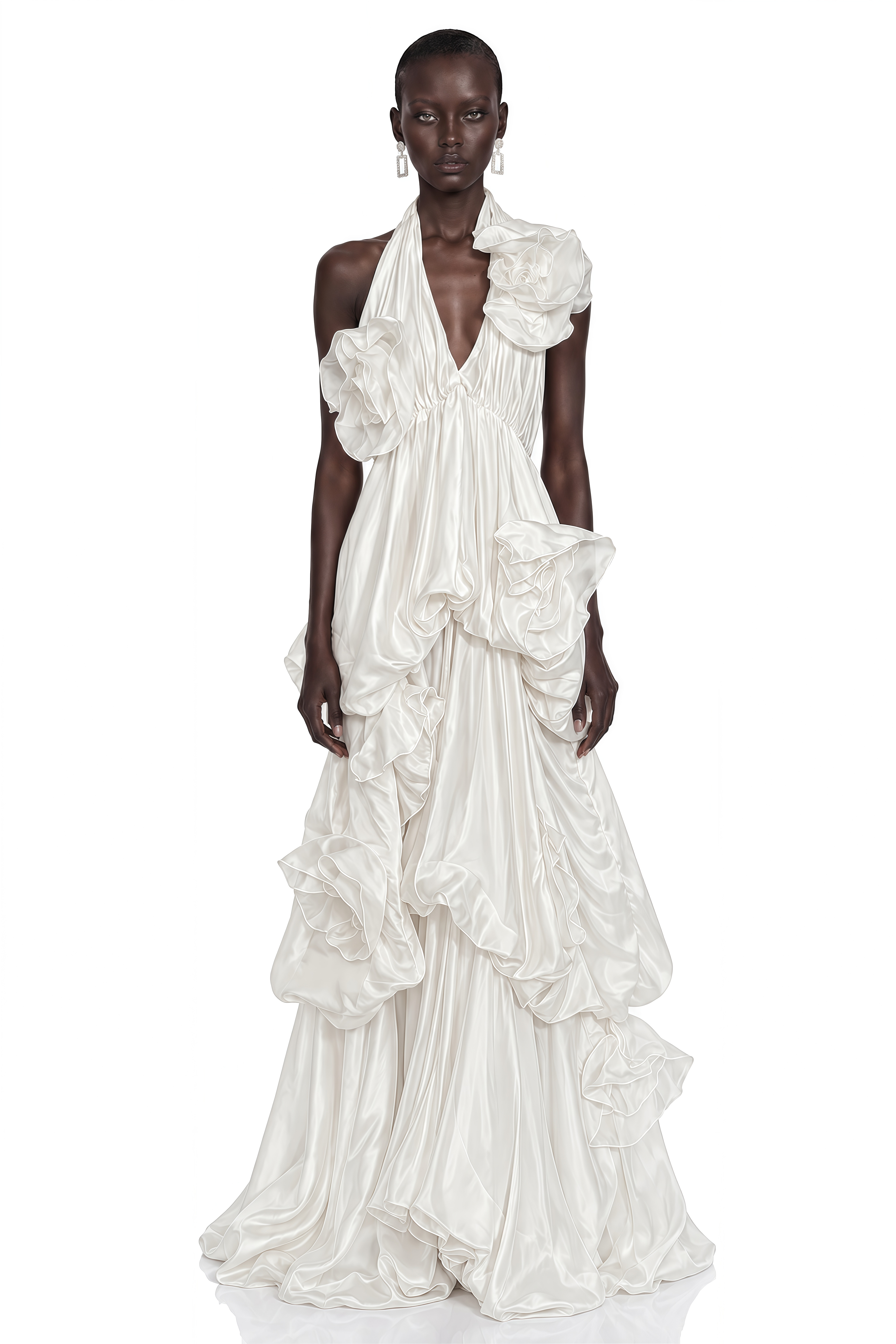 Zinnia White Halterneck Floral Ruffle Maxi Dress