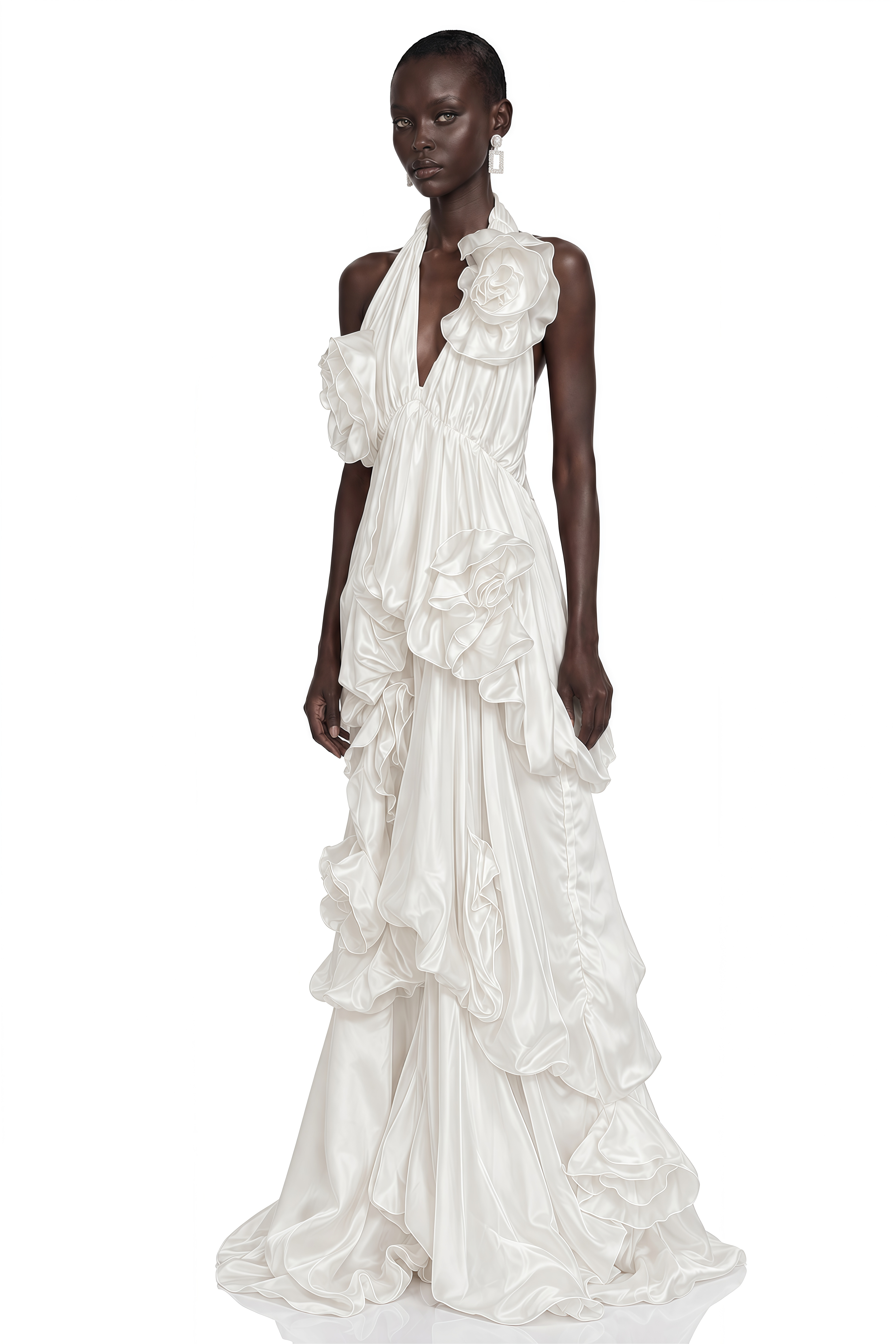 Zinnia White Halterneck Floral Ruffle Maxi Dress