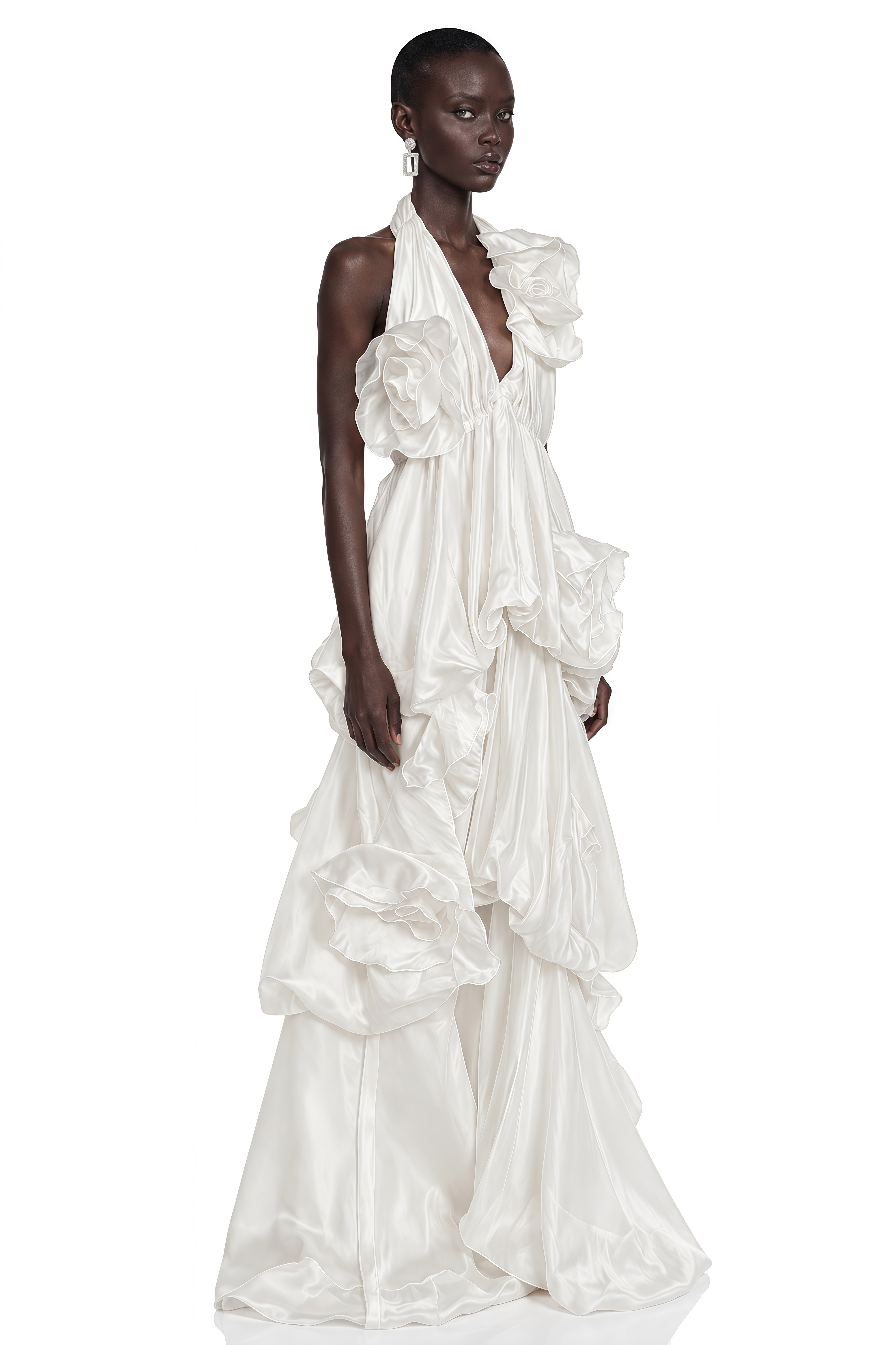 Zinnia White Halterneck Floral Ruffle Maxi Dress