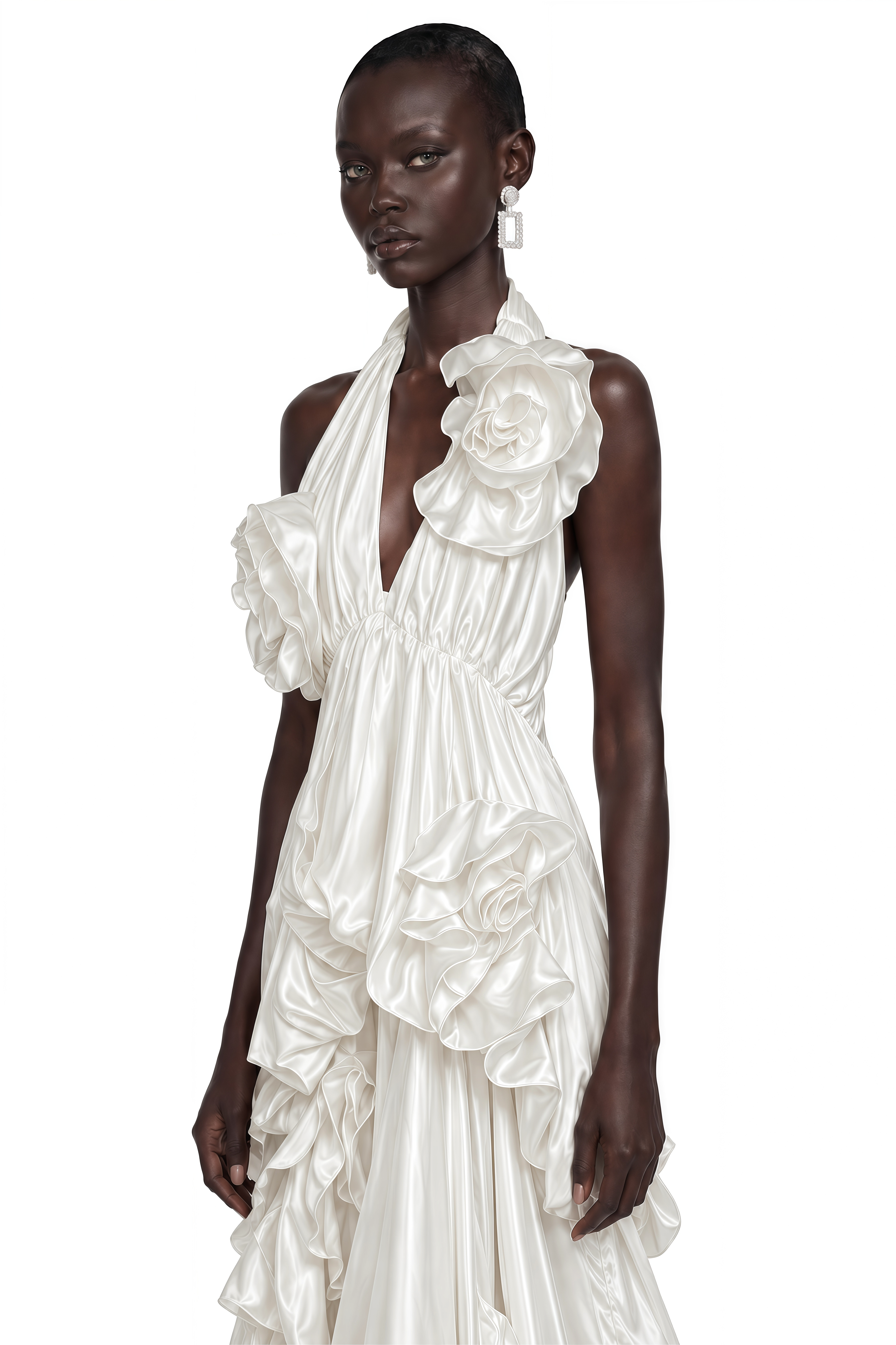 Zinnia White Halterneck Floral Ruffle Maxi Dress