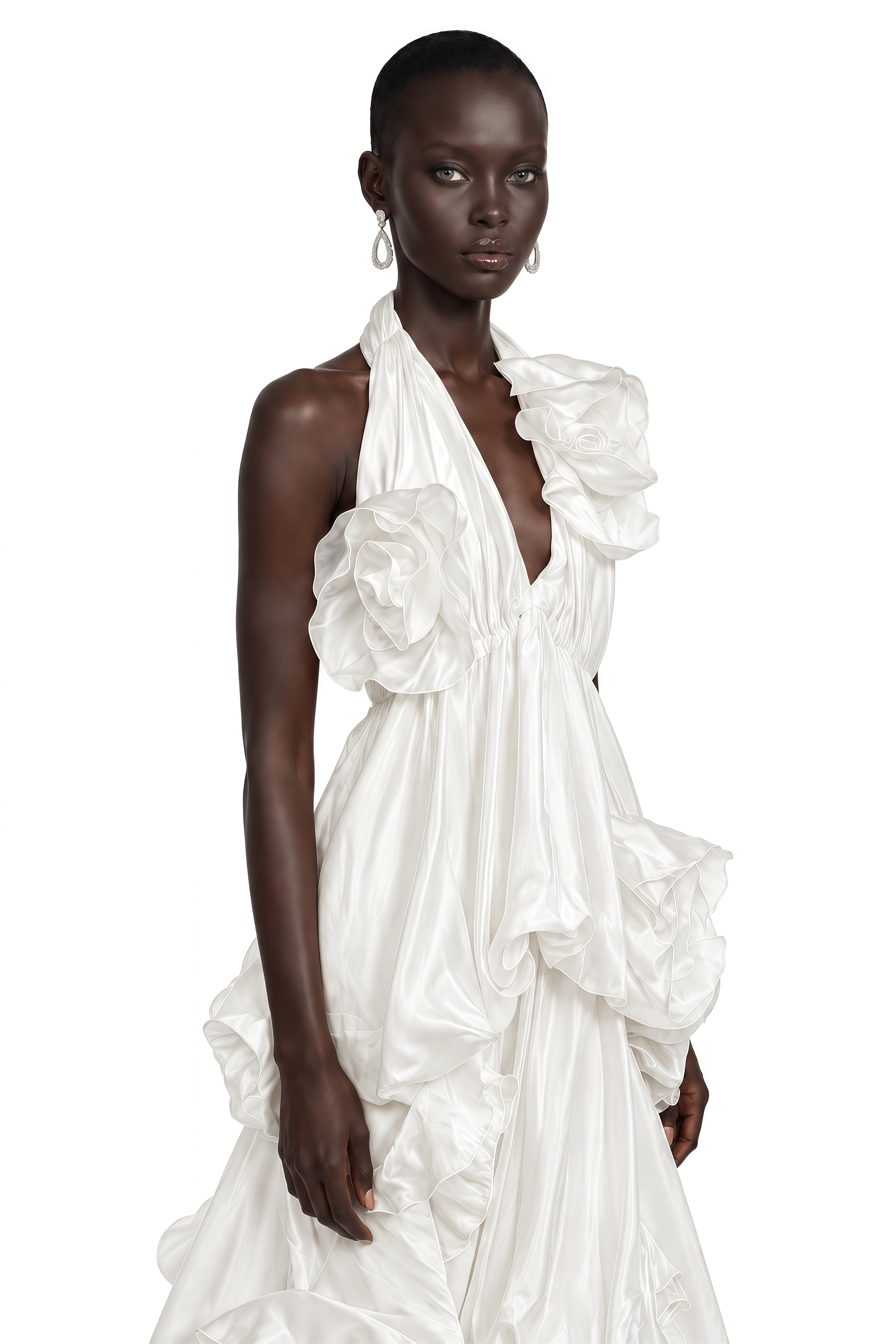 Zinnia White Halterneck Floral Ruffle Maxi Dress