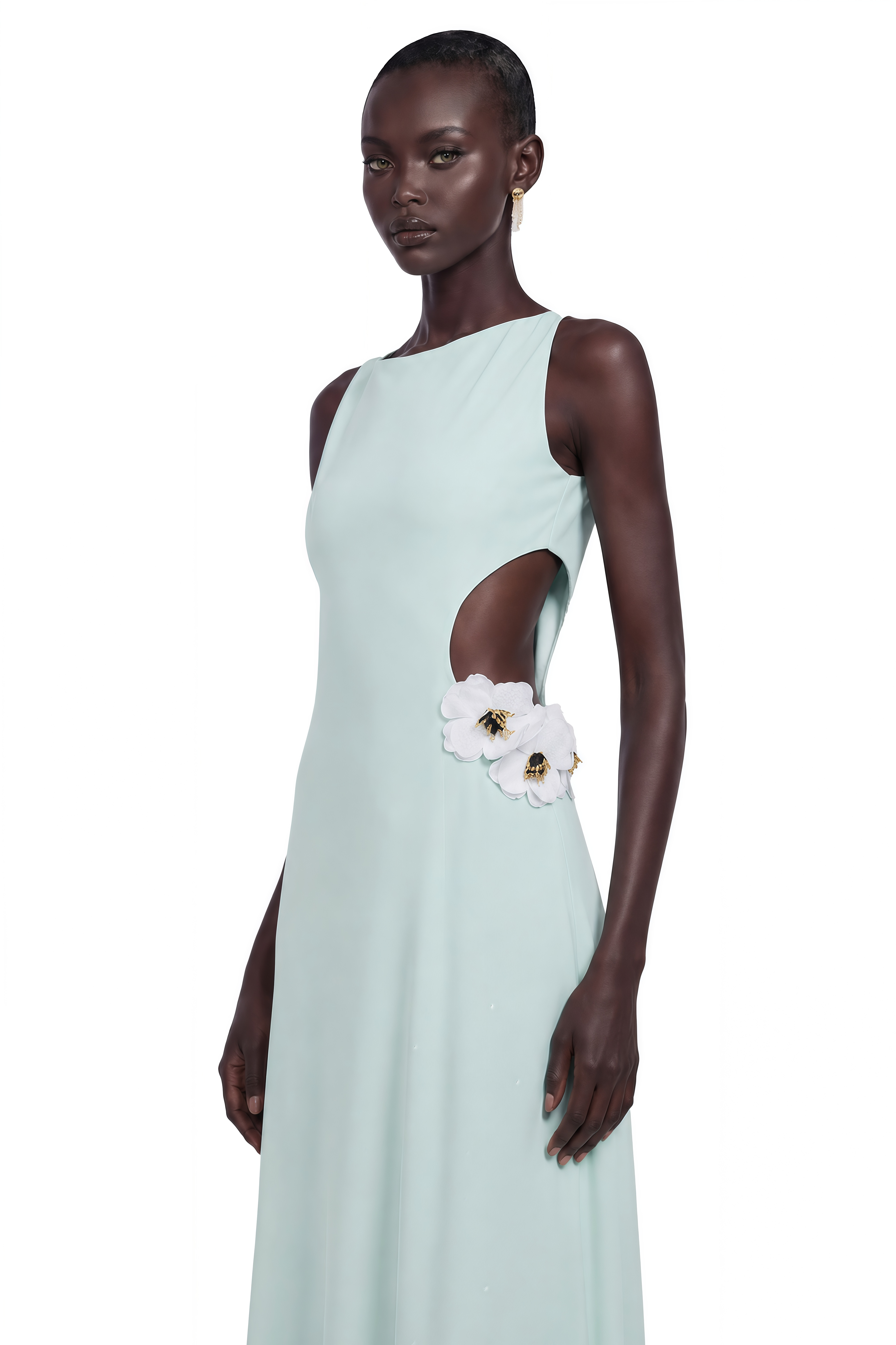 Mint green sleeveless maxi dress with a side cutout and 3D white floral accents