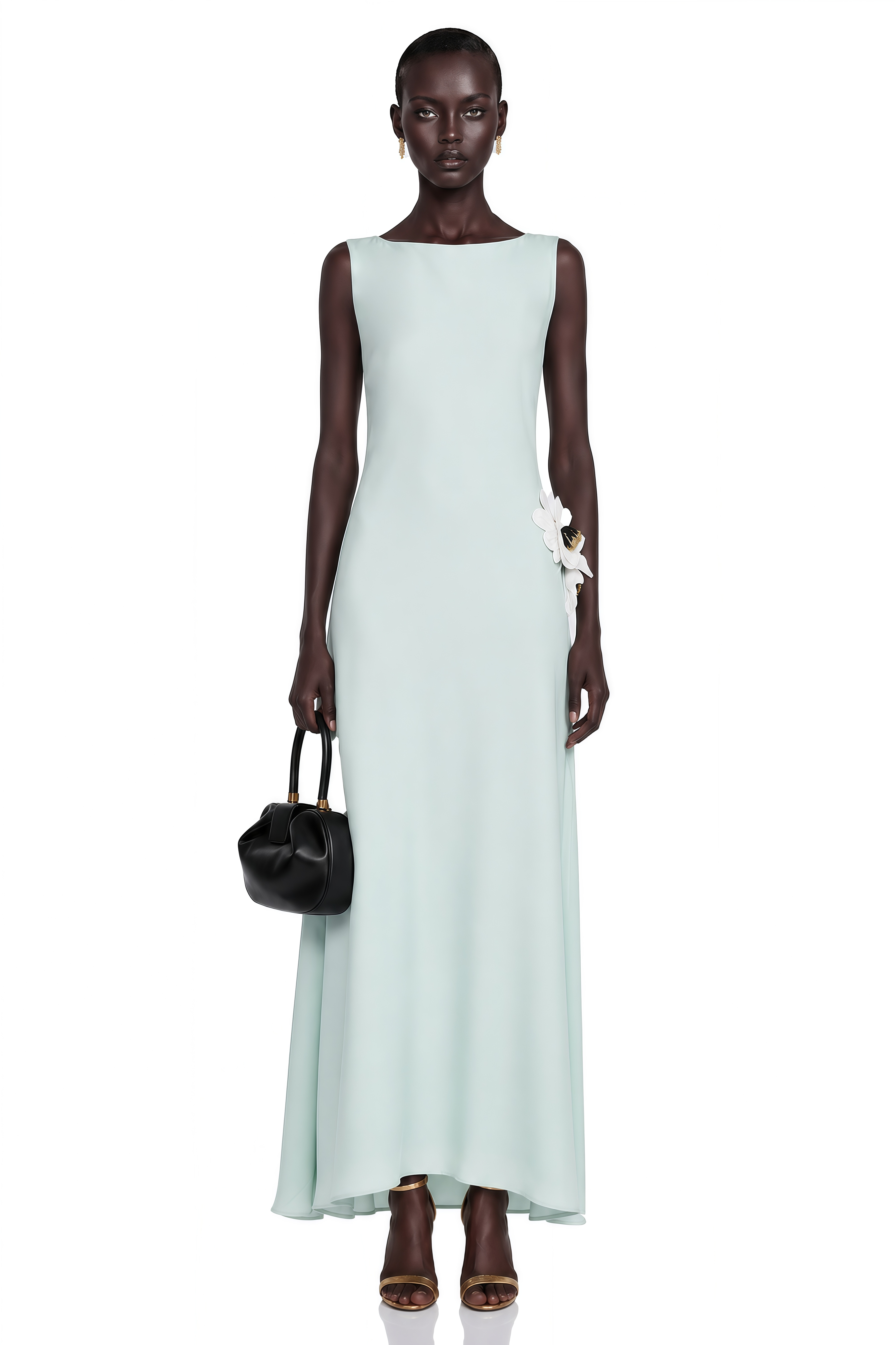 Mint green sleeveless maxi dress with a side cutout and 3D white floral accents