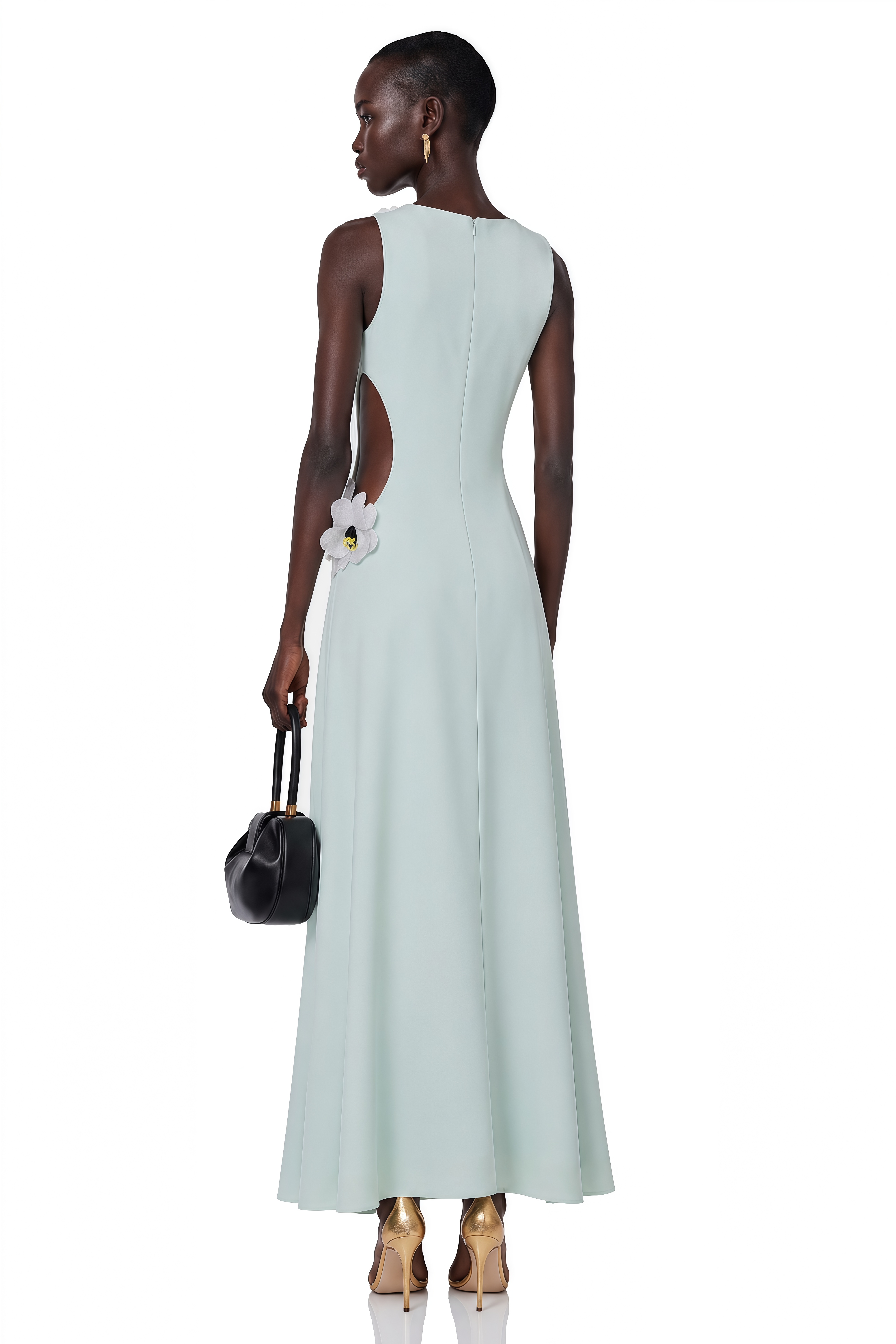 Mint green sleeveless maxi dress with a side cutout and 3D white floral accents