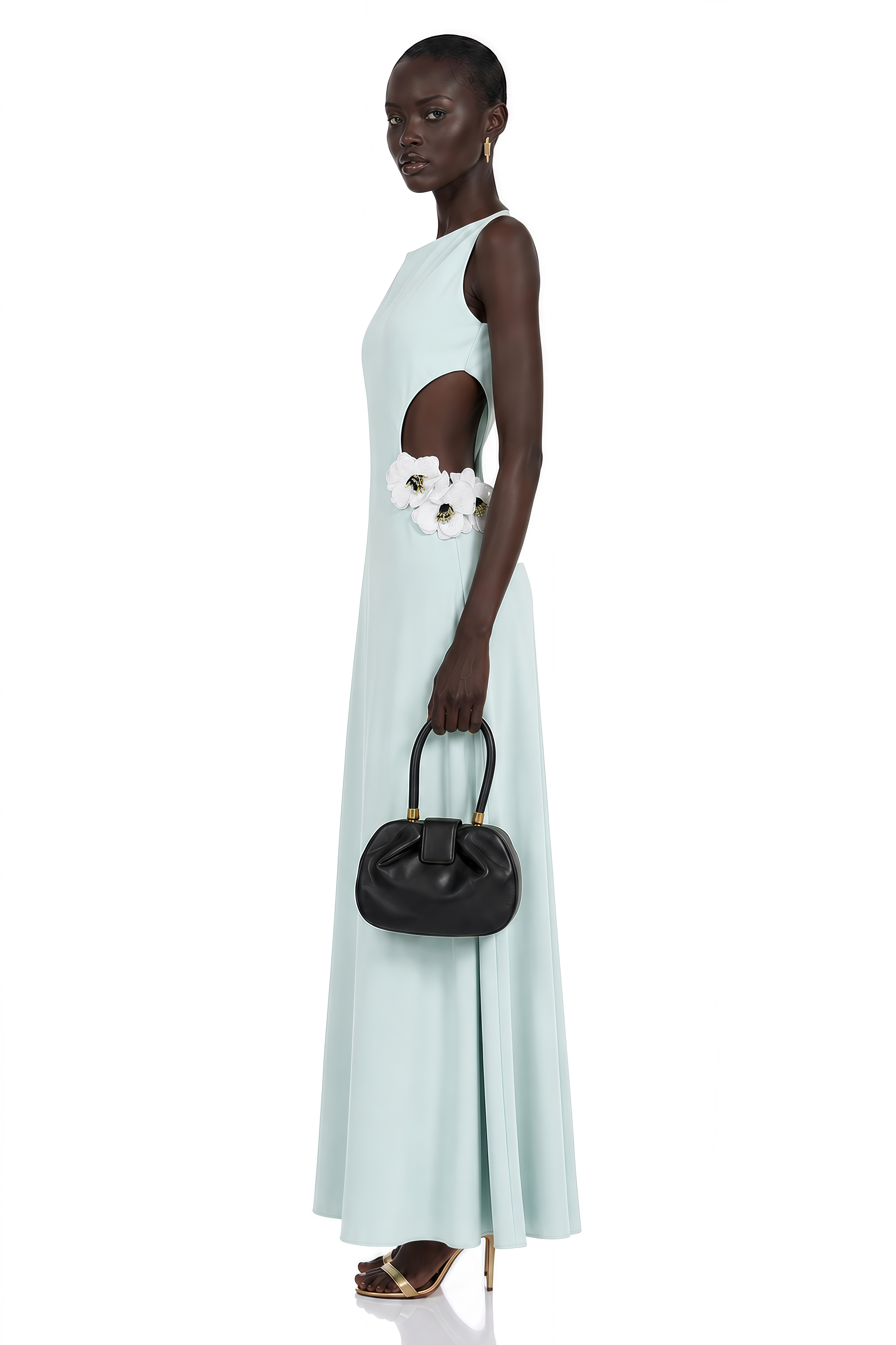 Mint green sleeveless maxi dress with a side cutout and 3D white floral accents