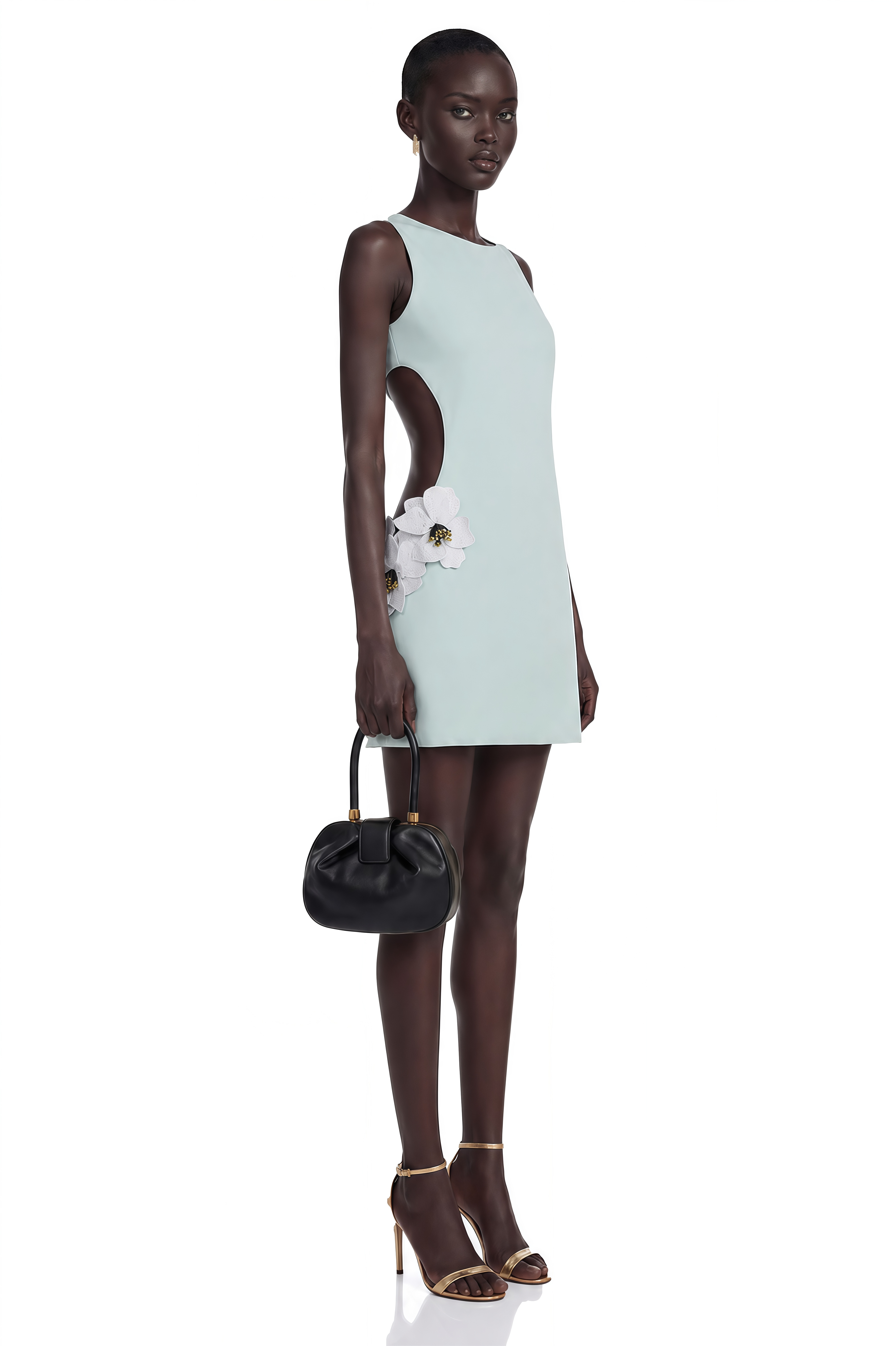 Mint green sleeveless mini dress with a side cutout and 3D white floral accents