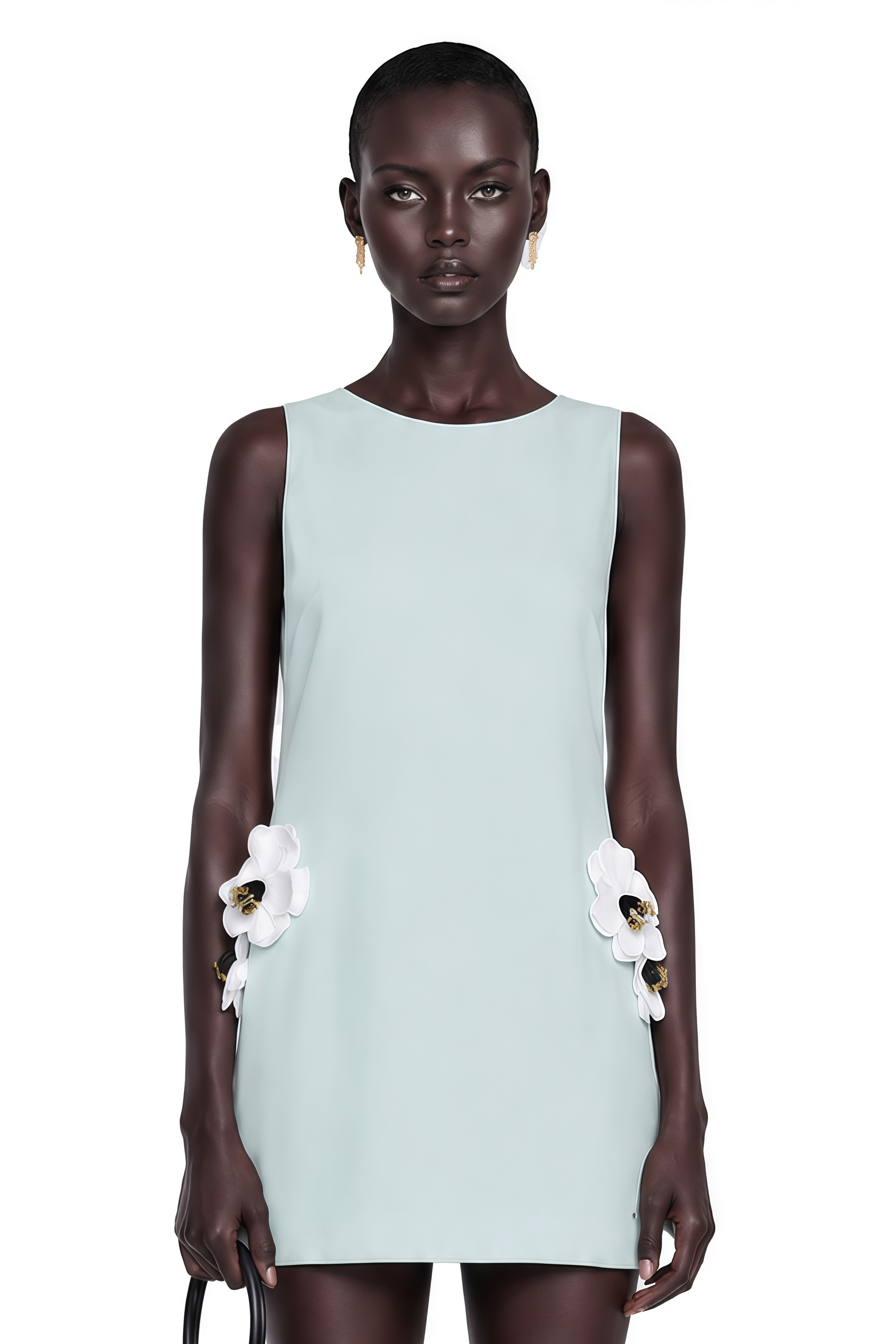 Mint green sleeveless mini dress with a side cutout and 3D white floral accents