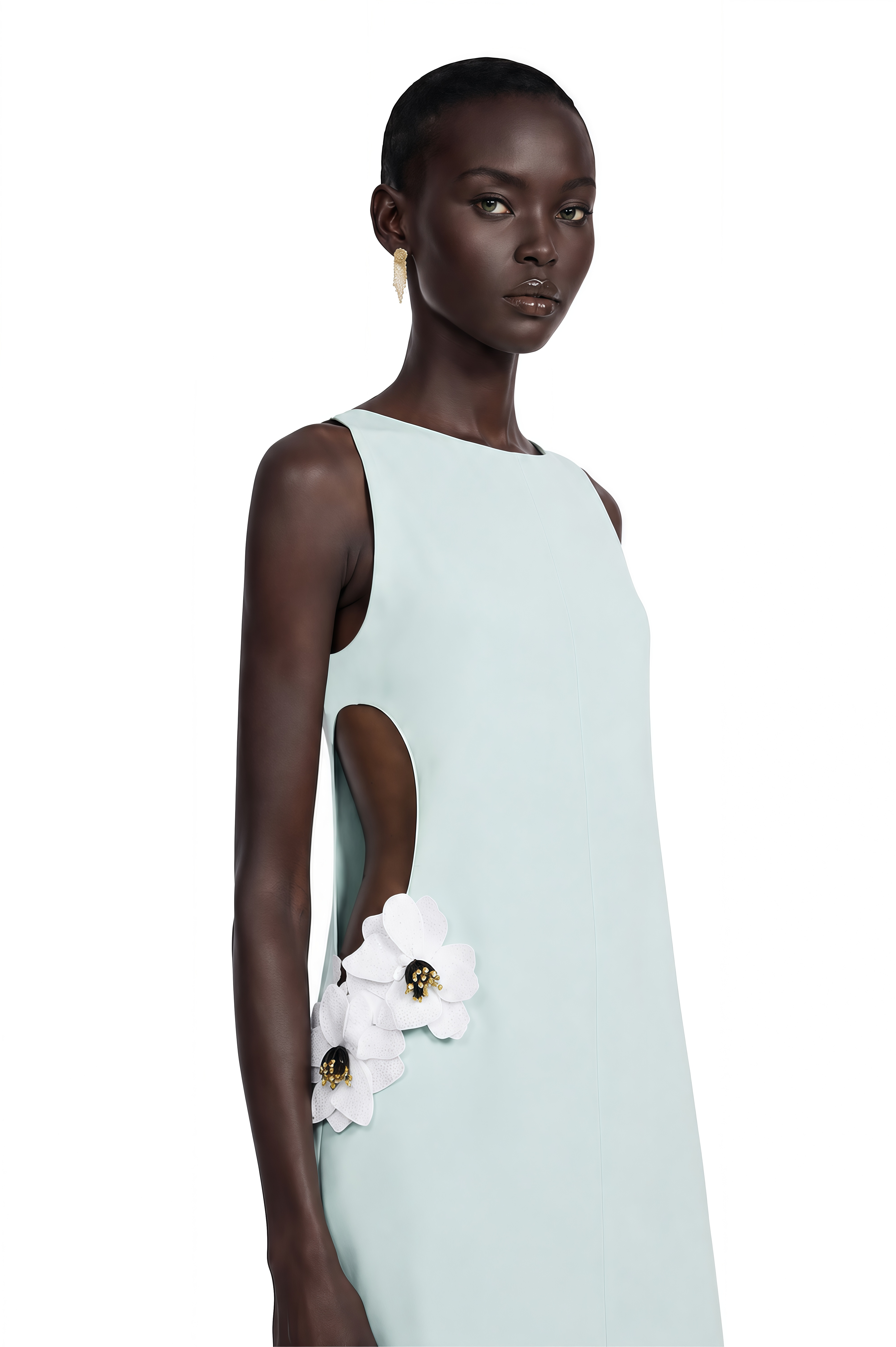 Mint green sleeveless mini dress with a side cutout and 3D white floral accents
