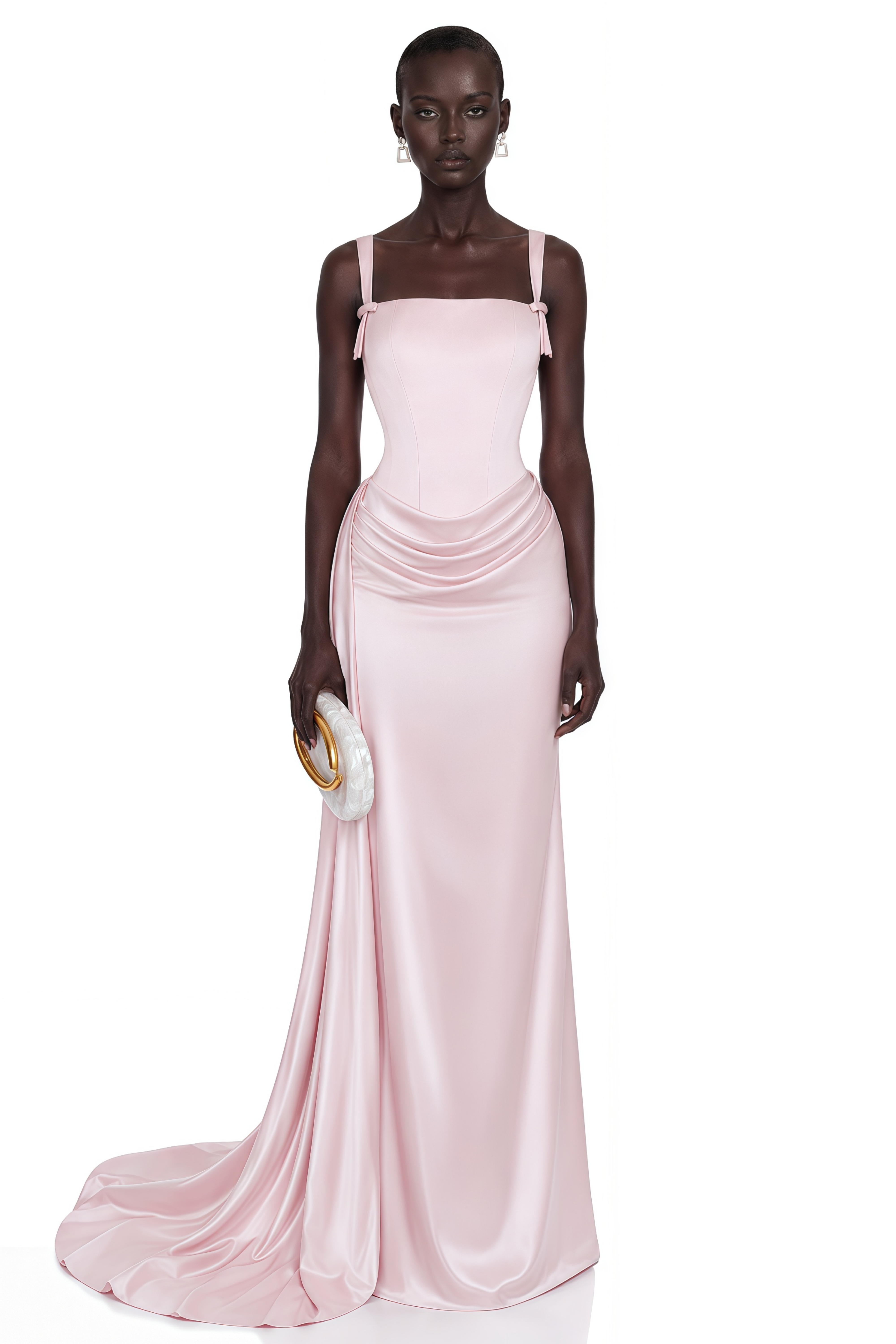 Light pink satin gown with a draped waist and shoulder straps