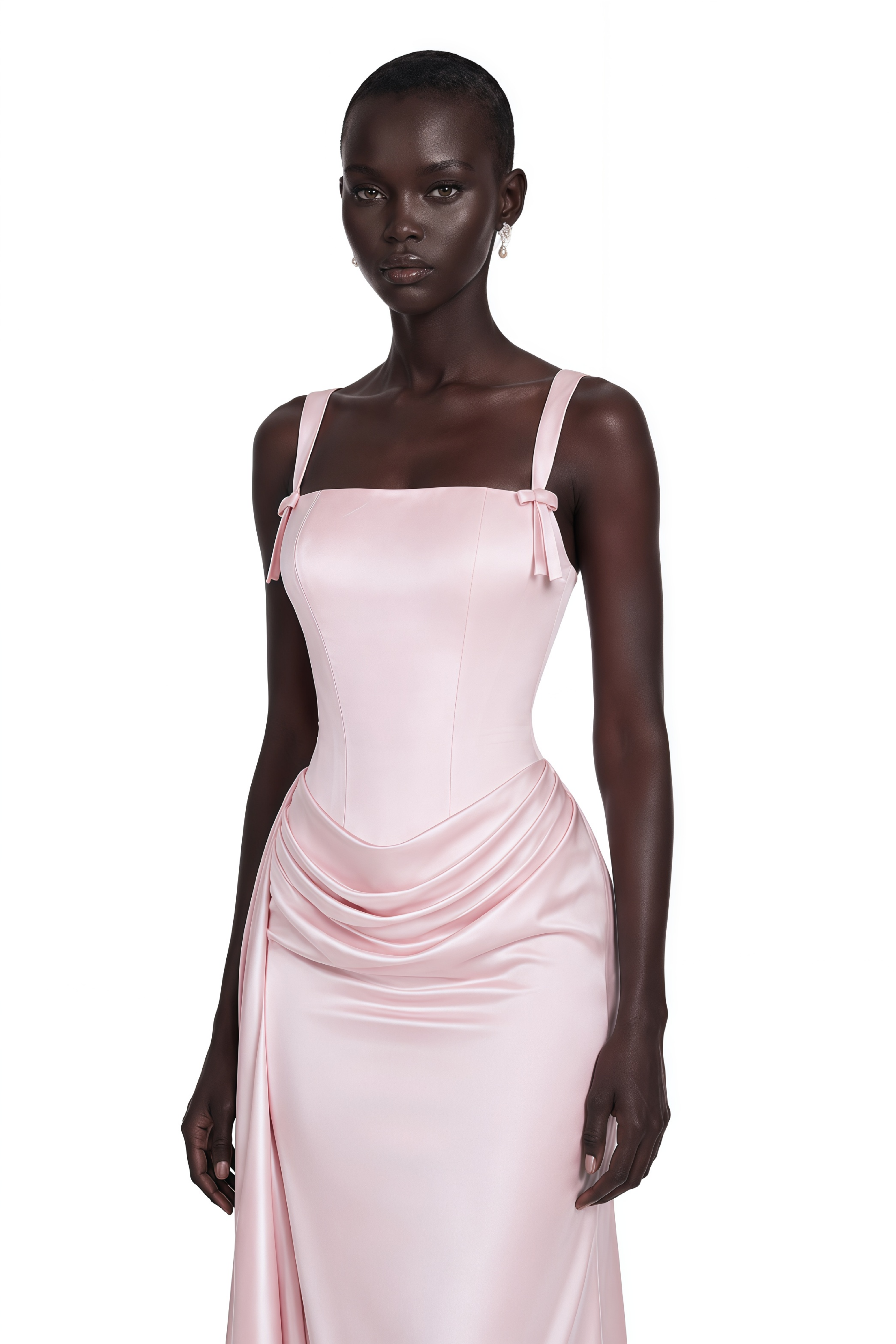 Light pink satin gown with a draped waist and shoulder straps