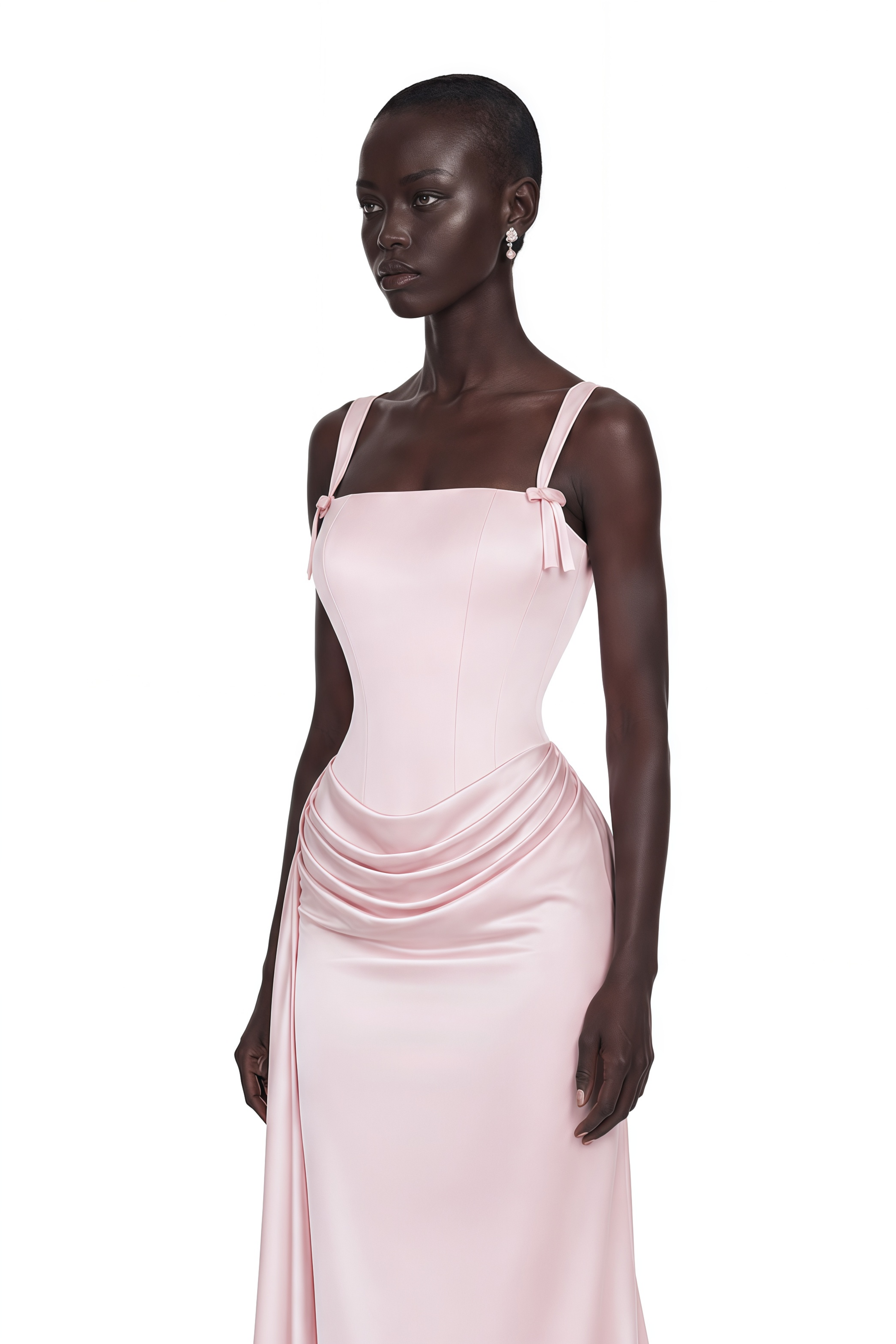 Light pink satin gown with a draped waist and shoulder straps