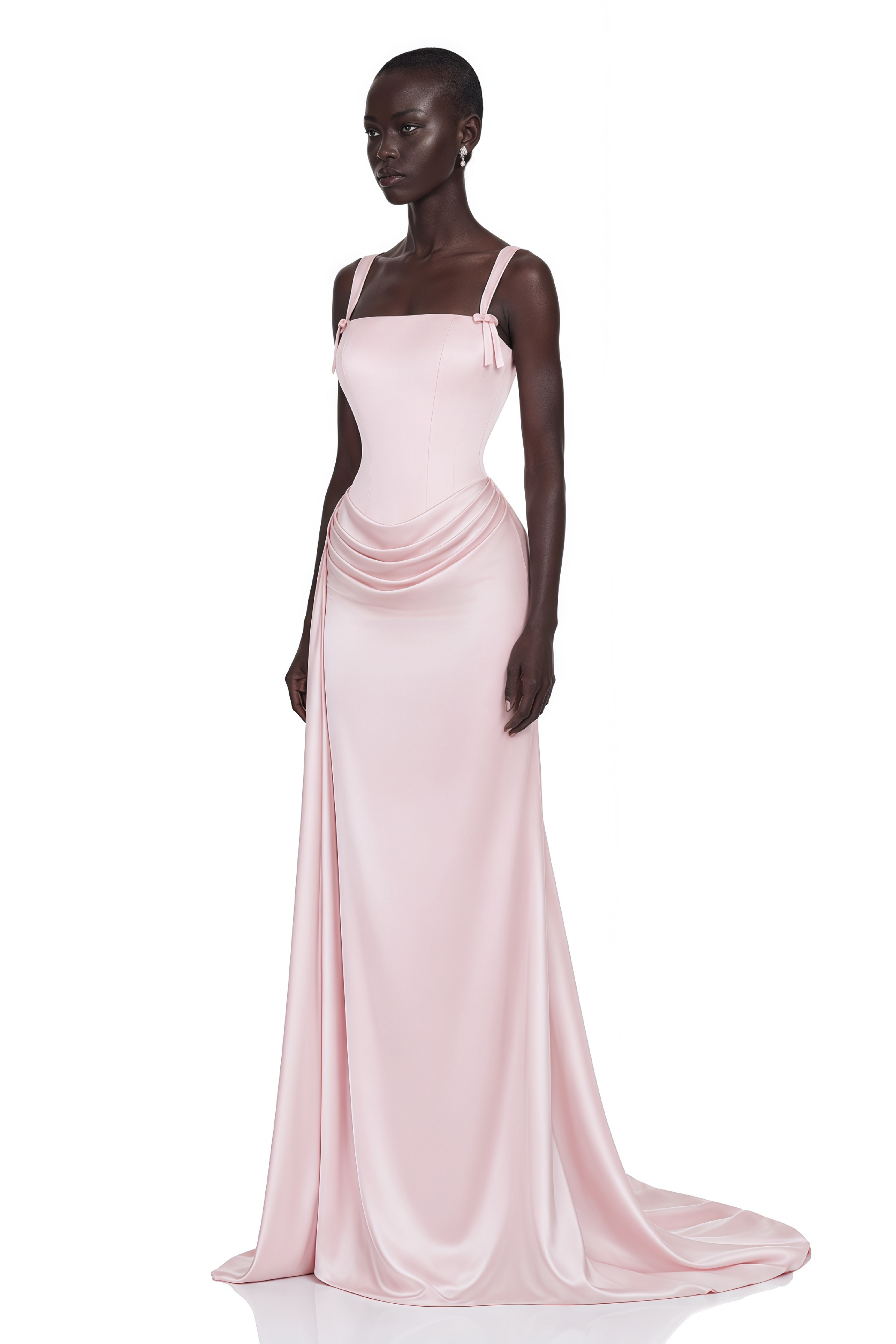 Light pink satin gown with a draped waist and shoulder straps