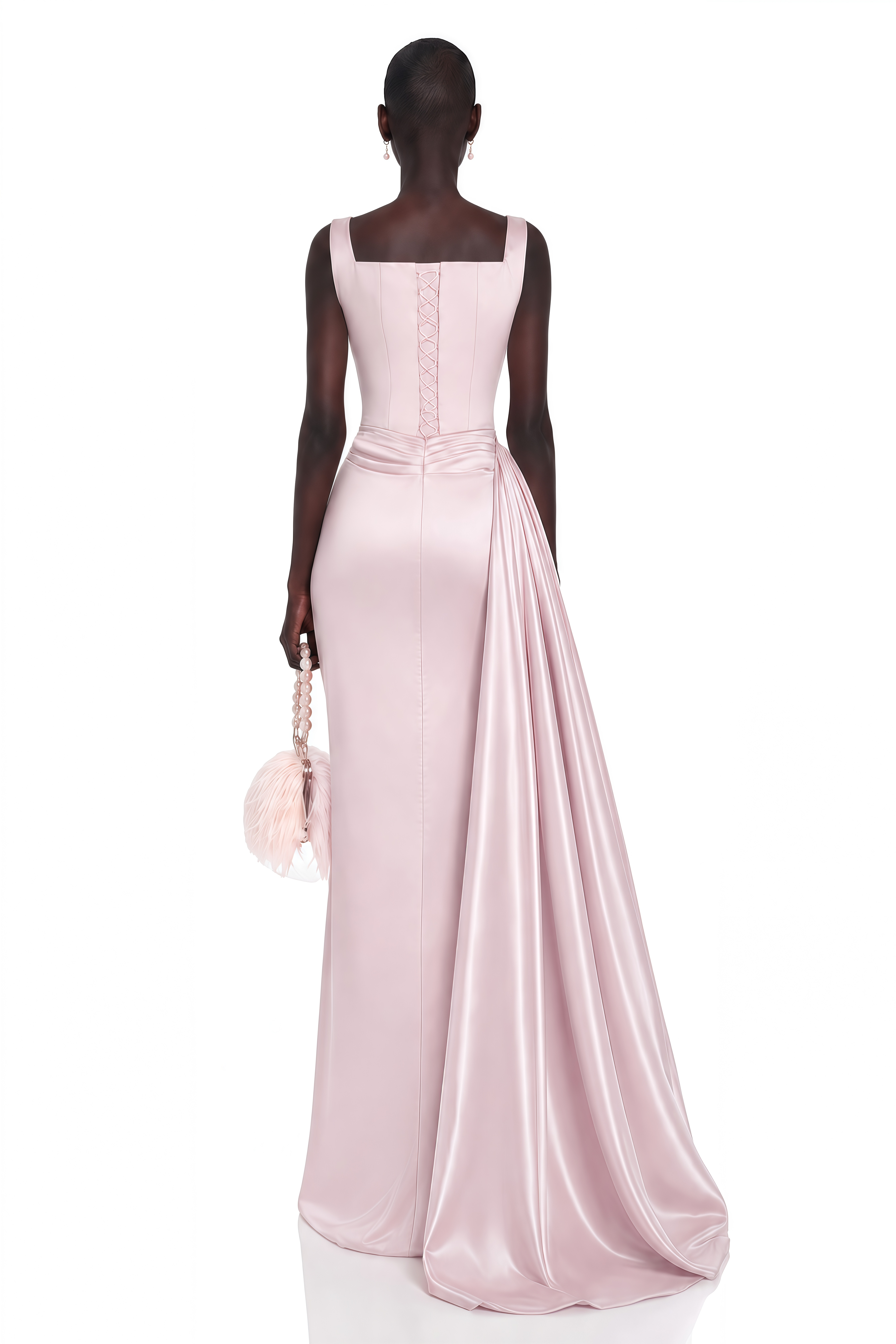 Light pink satin gown with a draped waist and shoulder straps