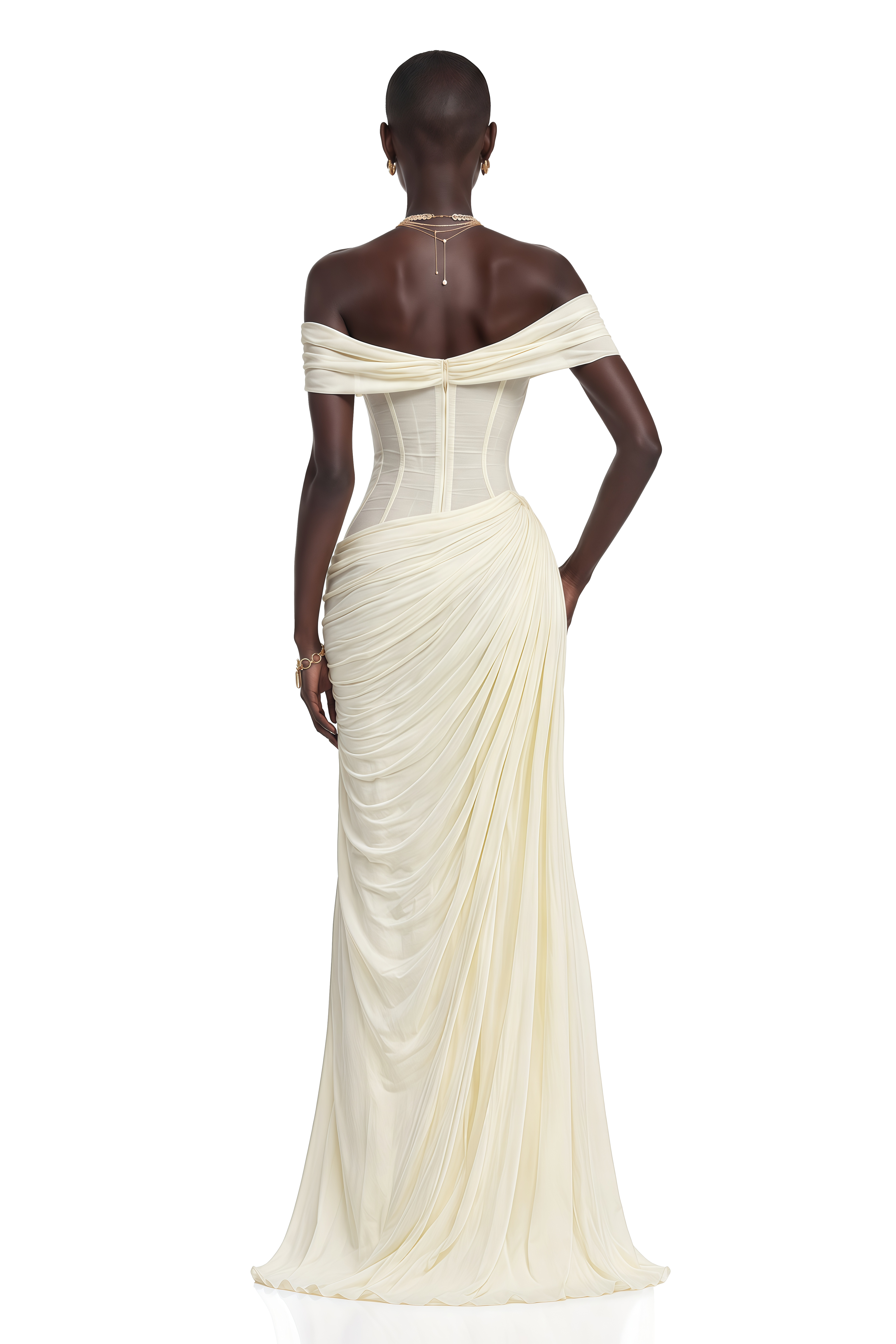 Zinnia White Off Shoulder Ruched Corset Maxi Dress