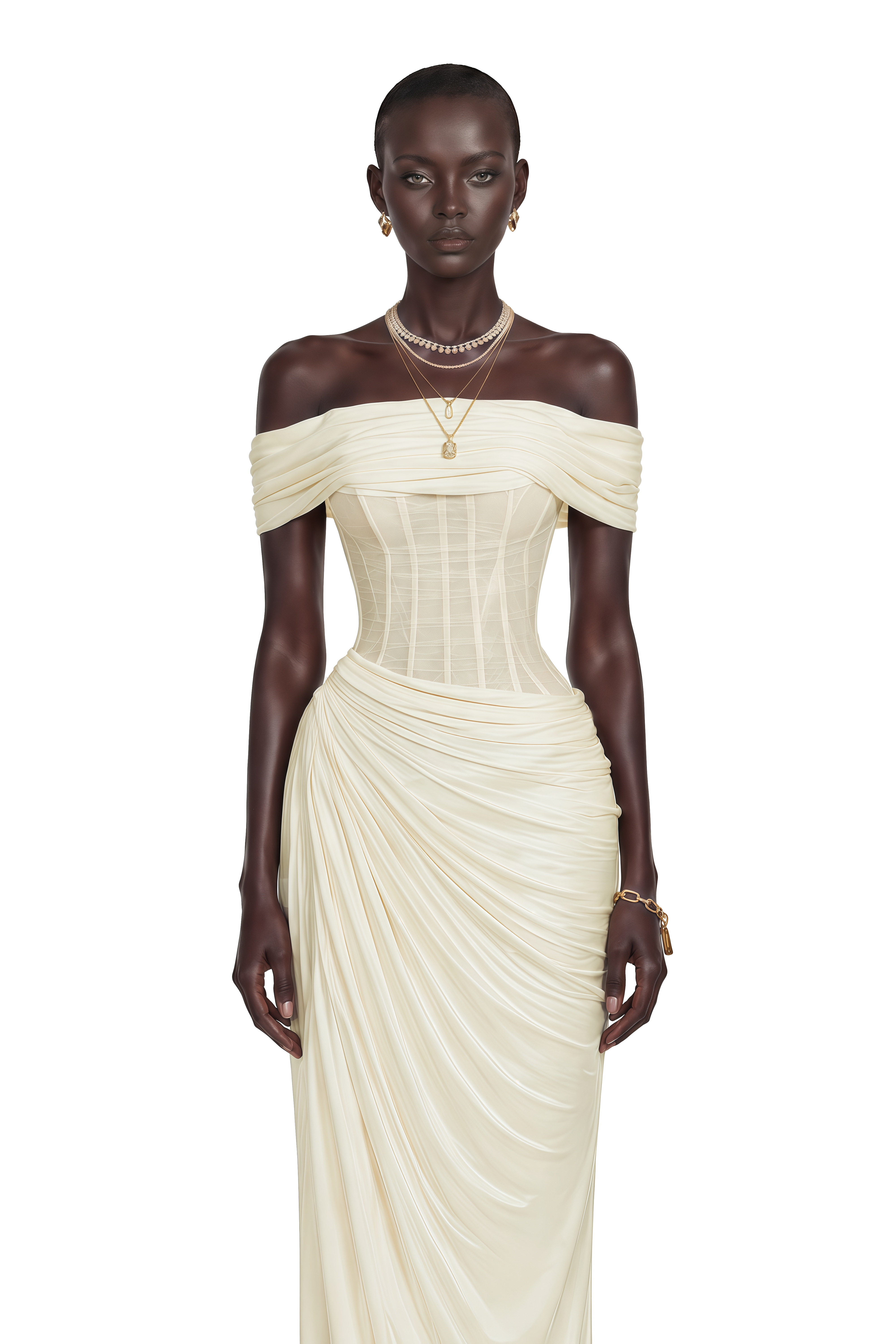 Zinnia White Off Shoulder Ruched Corset Maxi Dress