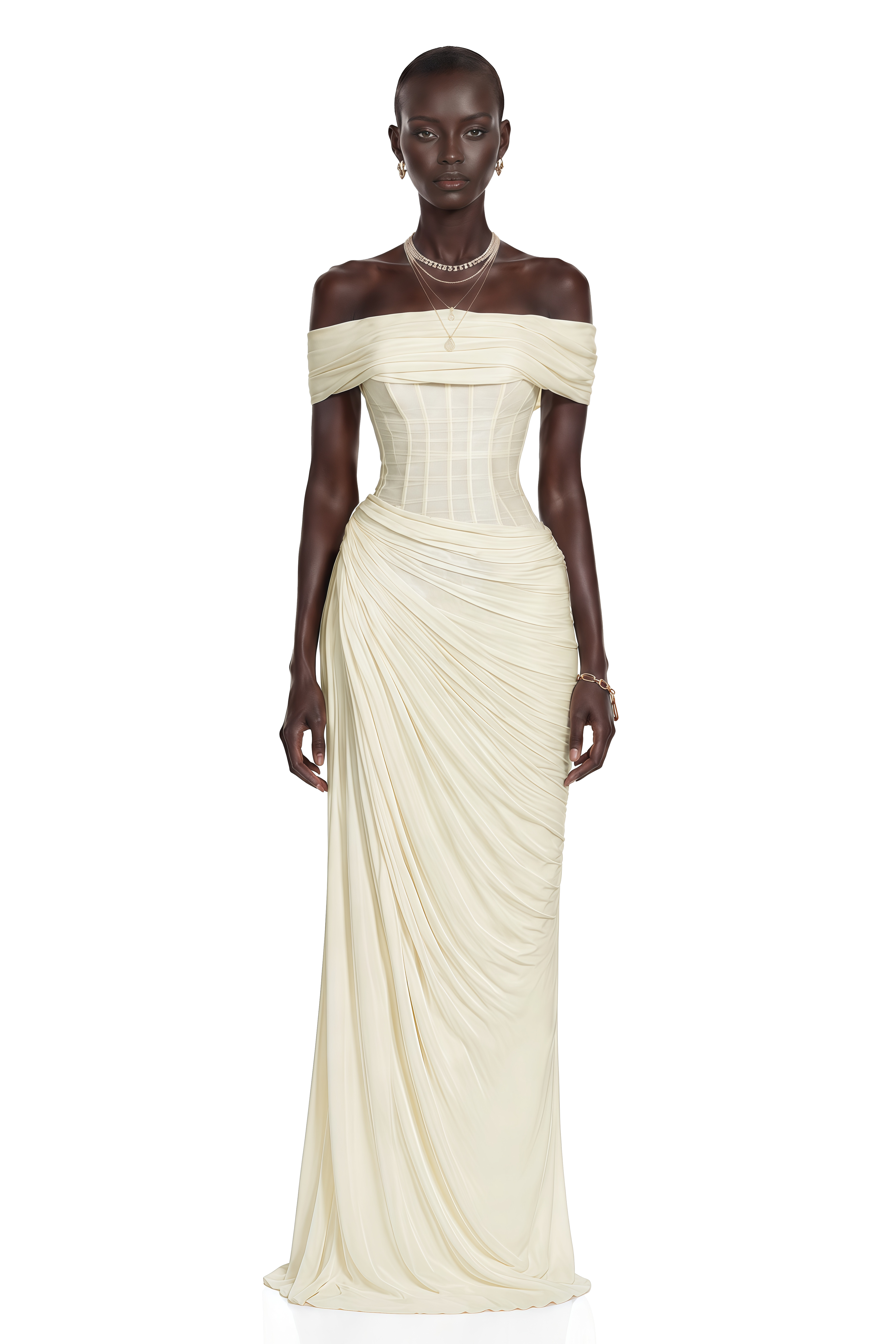 Zinnia White Off Shoulder Ruched Corset Maxi Dress