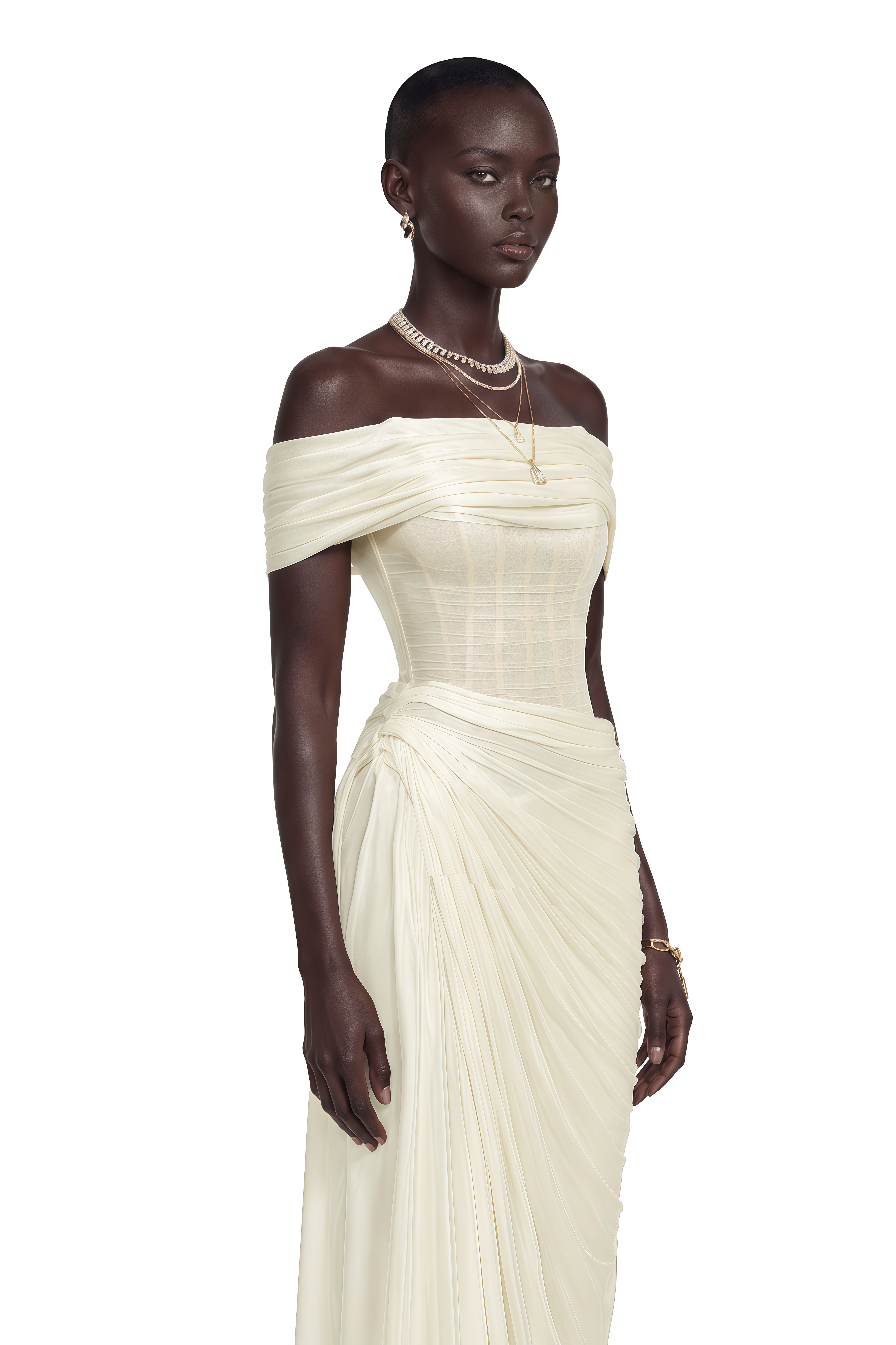 Zinnia White Off Shoulder Ruched Corset Maxi Dress