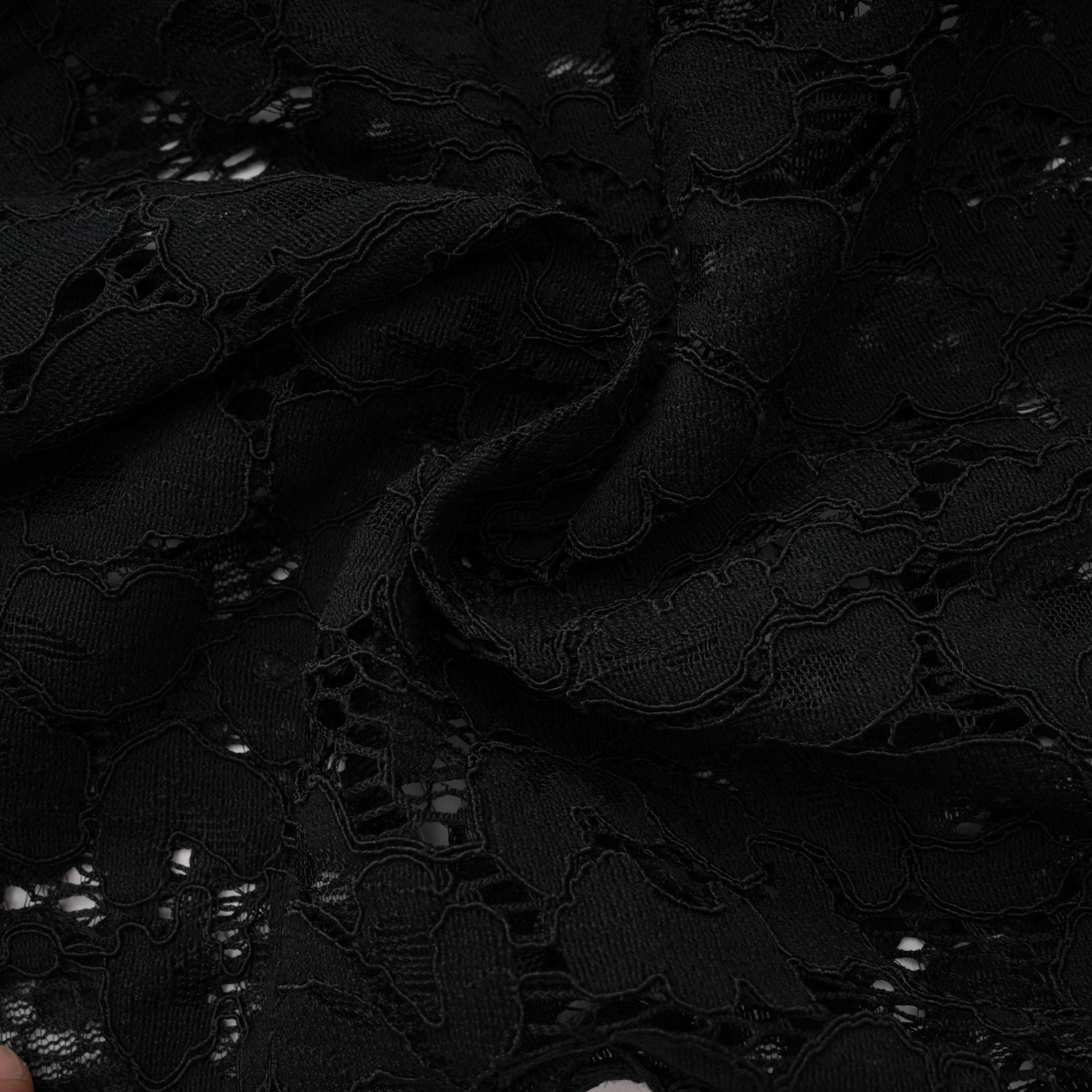Black sheer floral lace pantsuit with structured shoulders