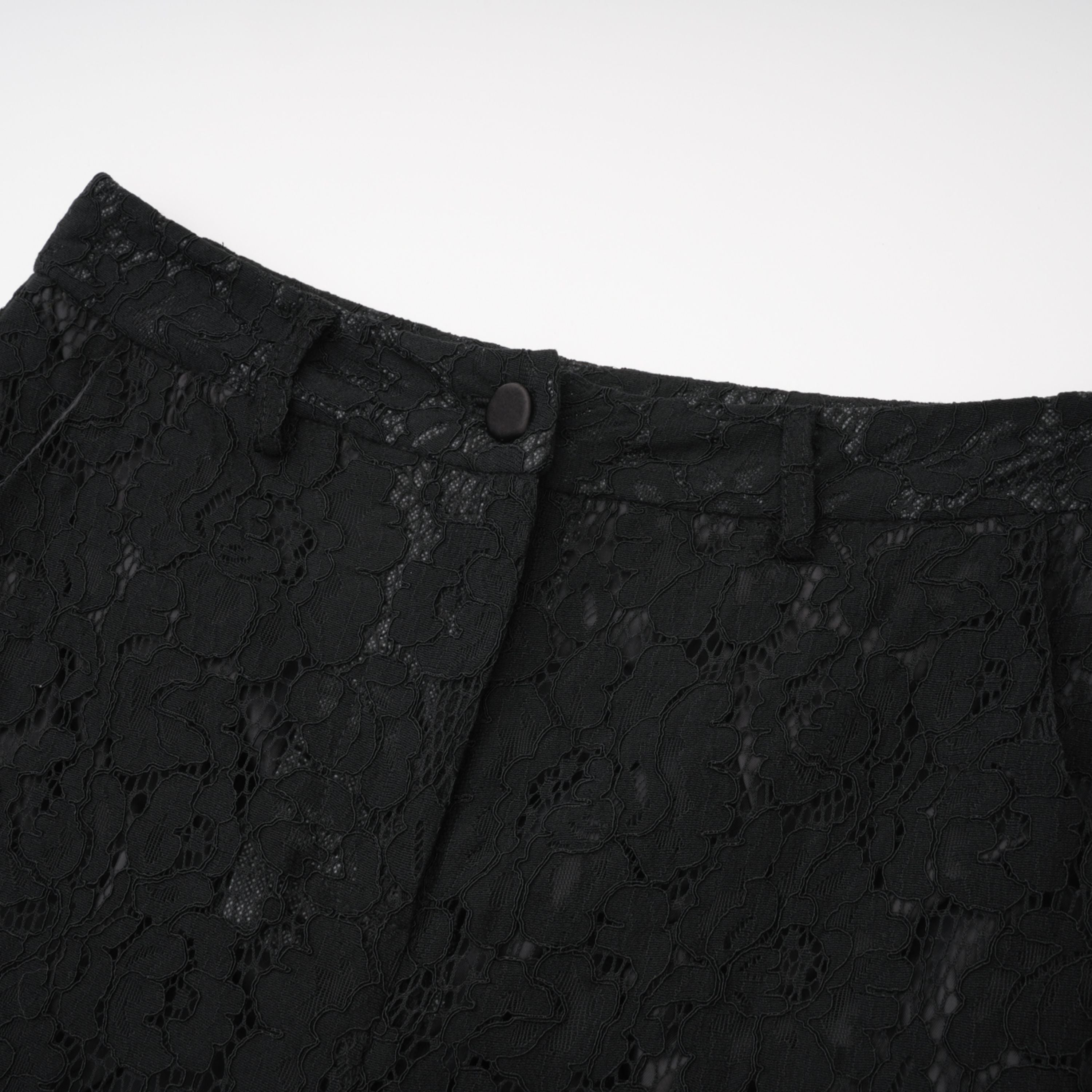 Black sheer floral lace pantsuit with structured shoulders