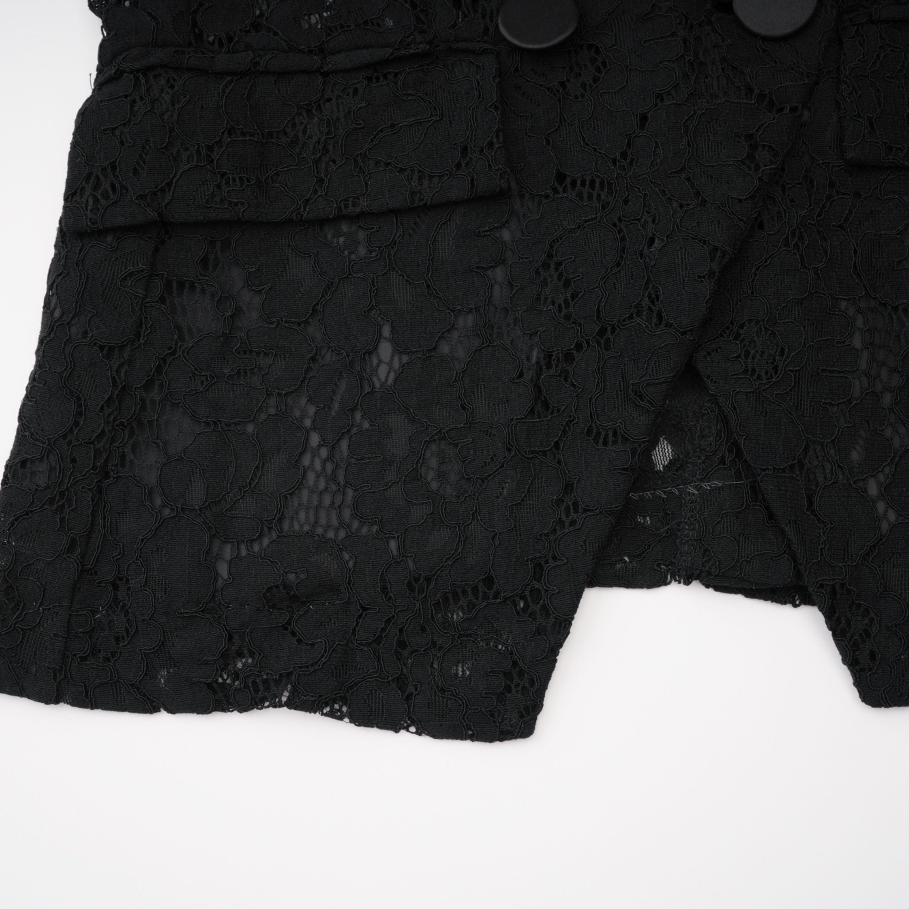 Black sheer floral lace pantsuit with structured shoulders