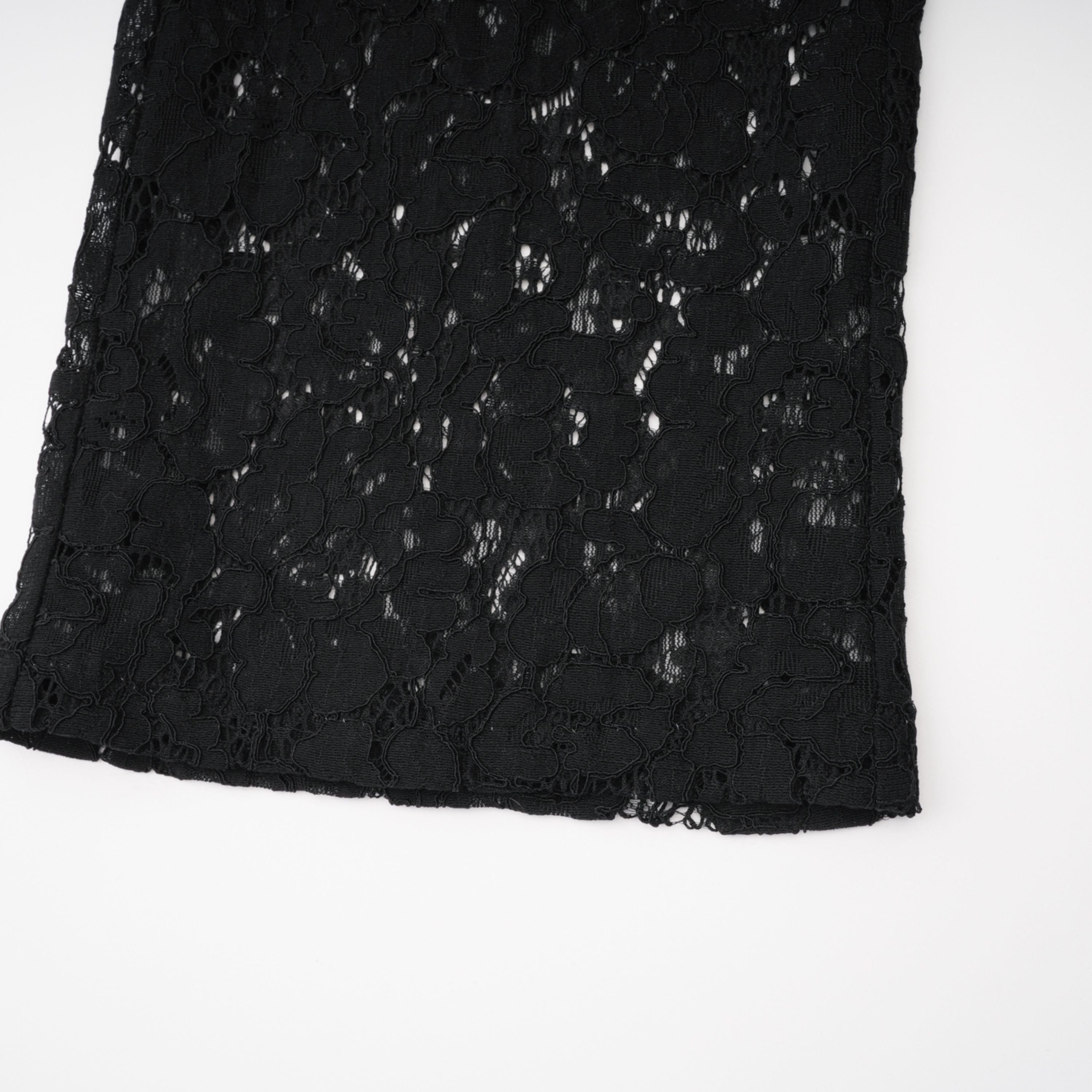 Black sheer floral lace pantsuit with structured shoulders