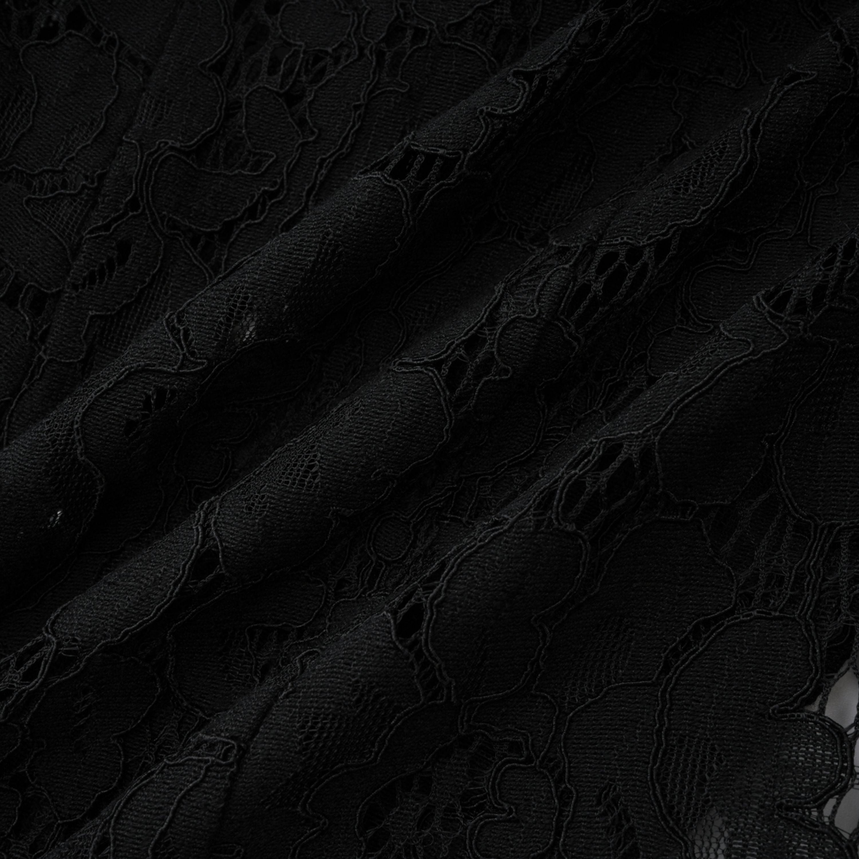 Black sheer floral lace pantsuit with structured shoulders