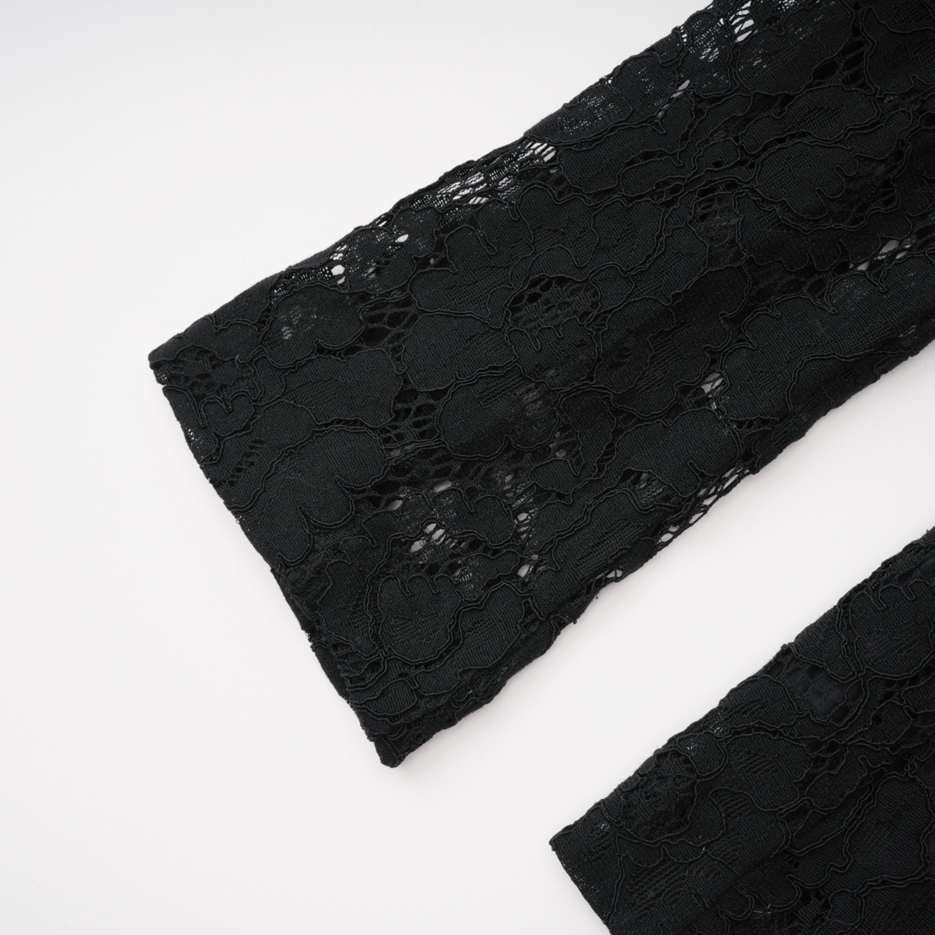 Black sheer floral lace pantsuit with structured shoulders