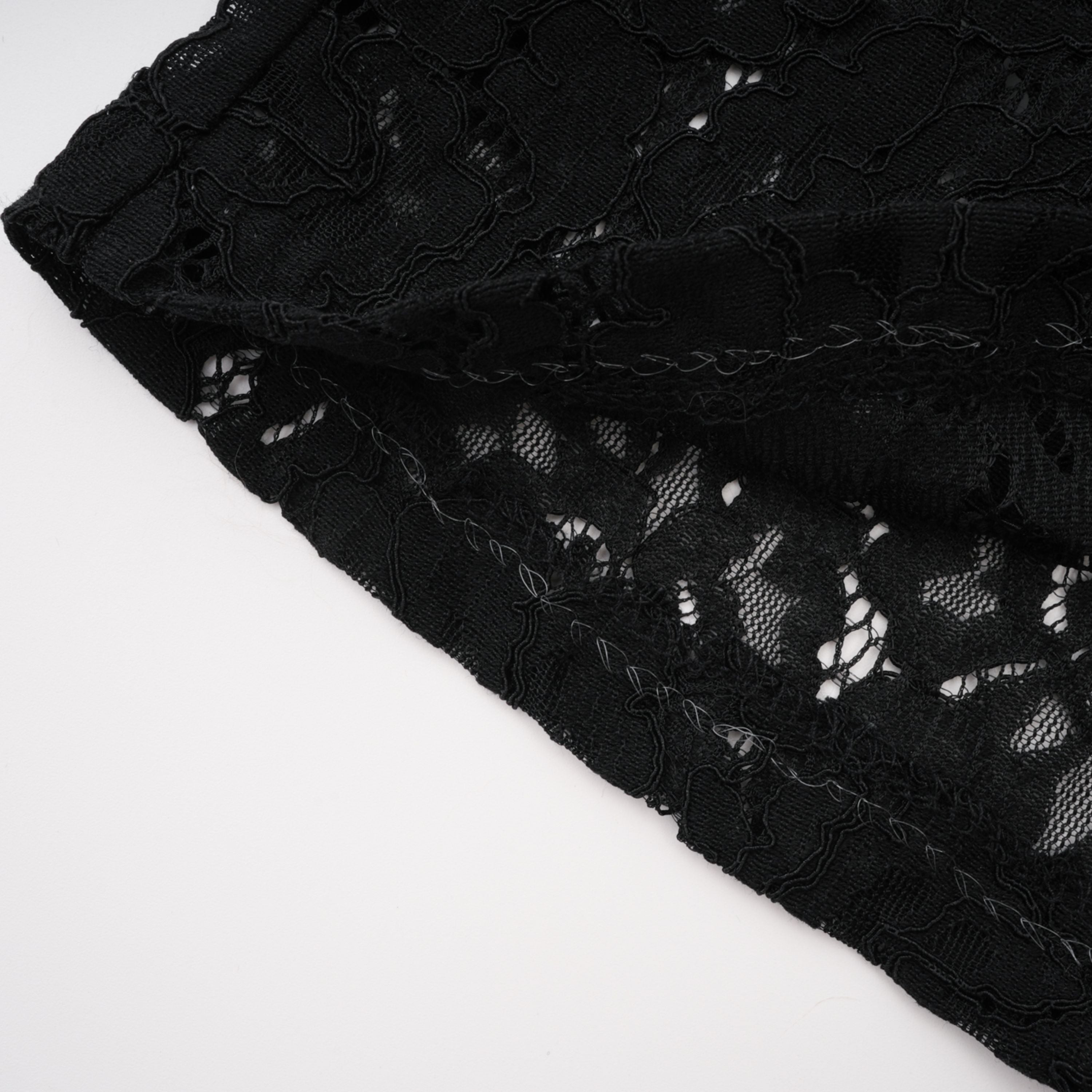 Black sheer floral lace pantsuit with structured shoulders