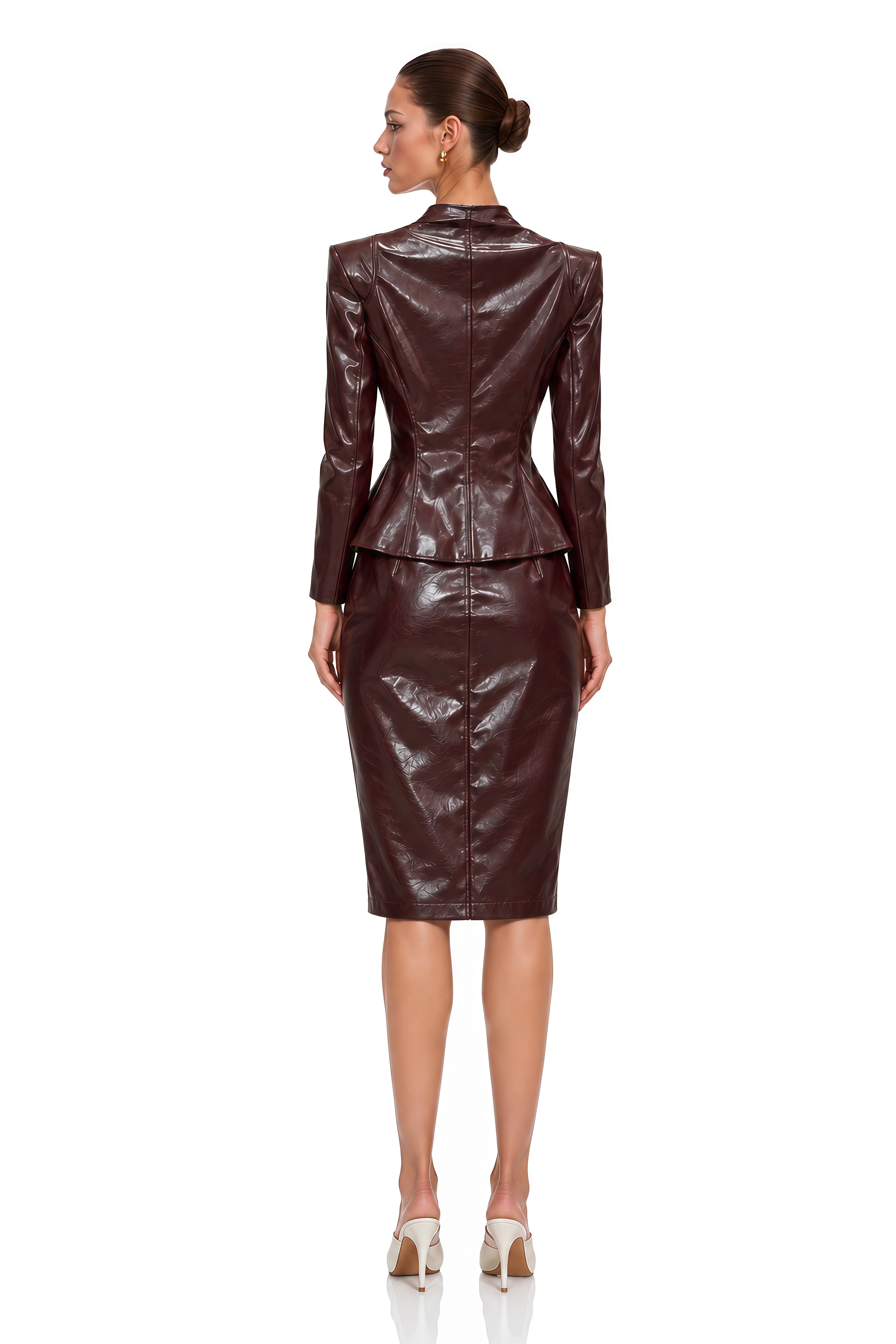 Zoya Burgundy Leather Peplum Jacket & Midi Skirt Set