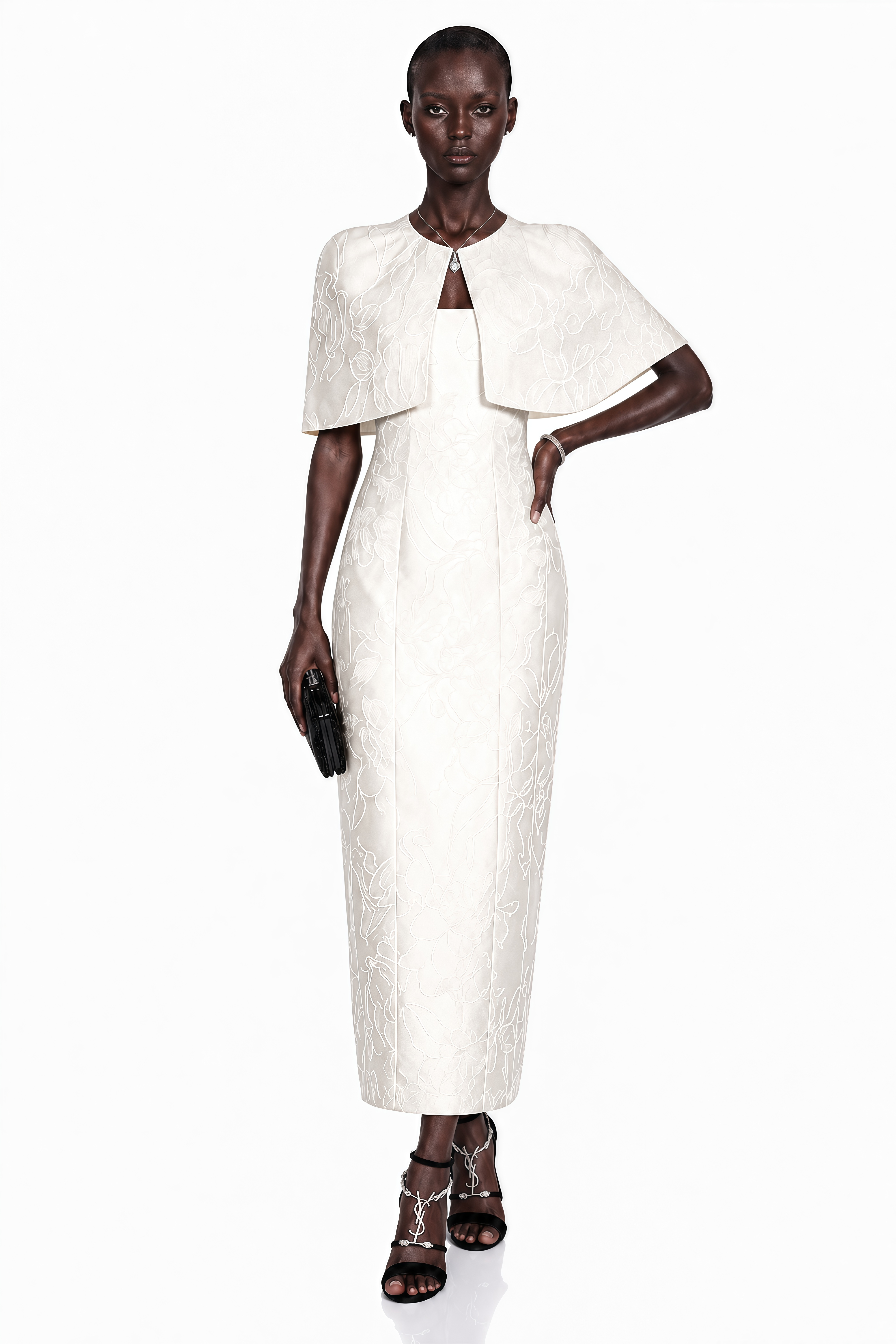 White column maxi dress in jacquard floral print with a matching open-front short cape overlay