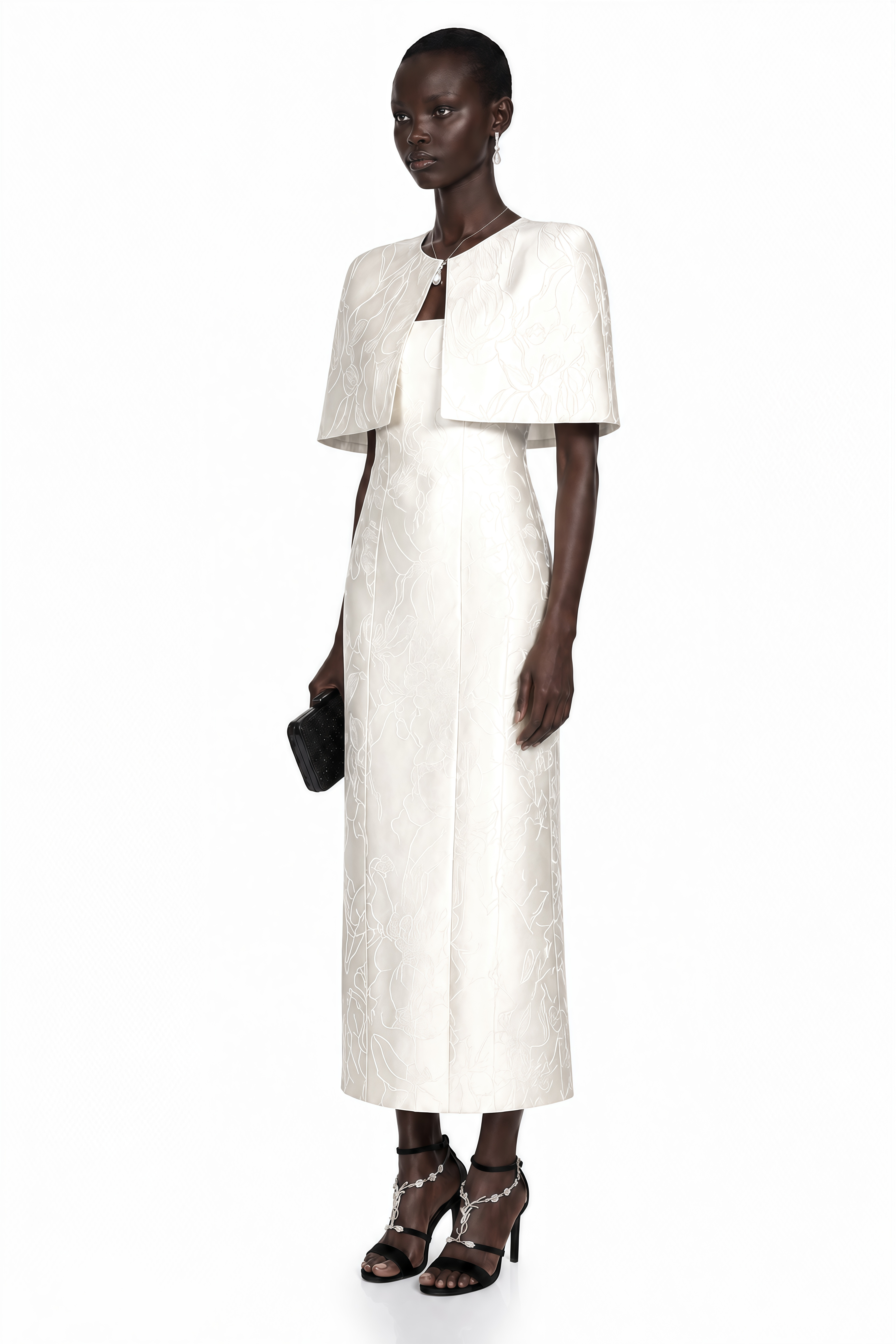 White column maxi dress in jacquard floral print with a matching open-front short cape overlay