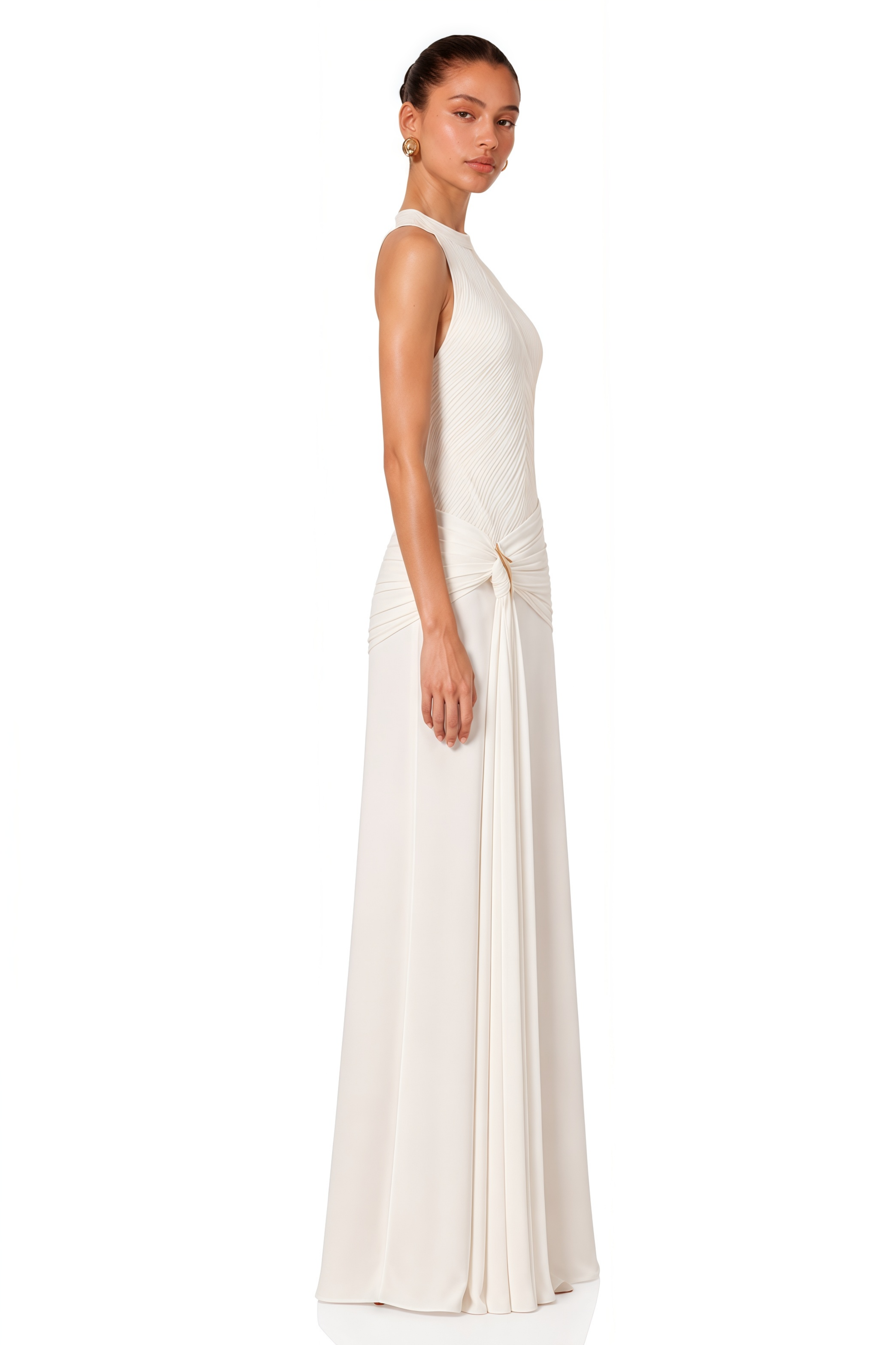 Klara White Ruched Ribbon Textured Maxi Dress