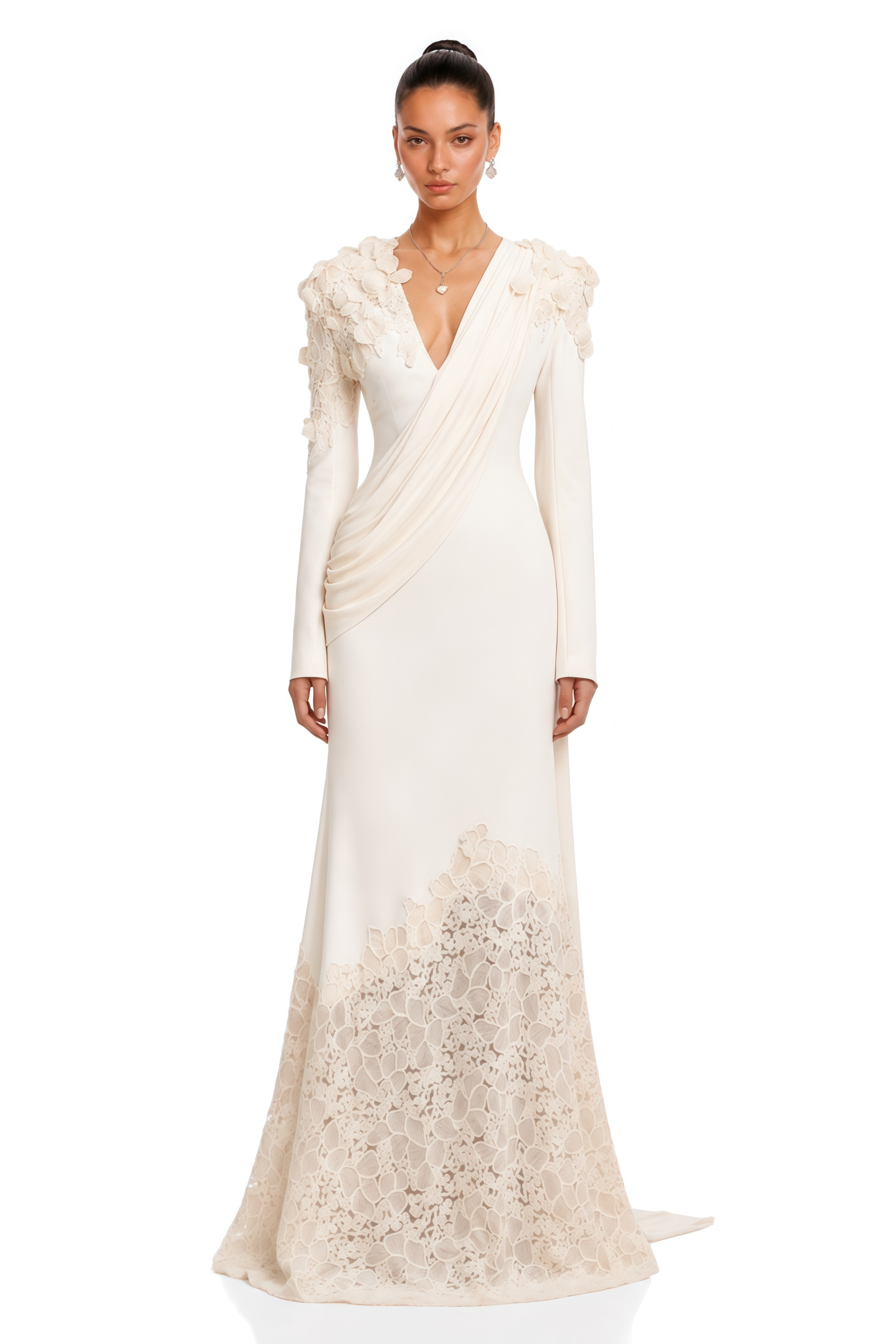 Calanthe Champagne Floral Lace Maxi Dress with Ribbon Detail