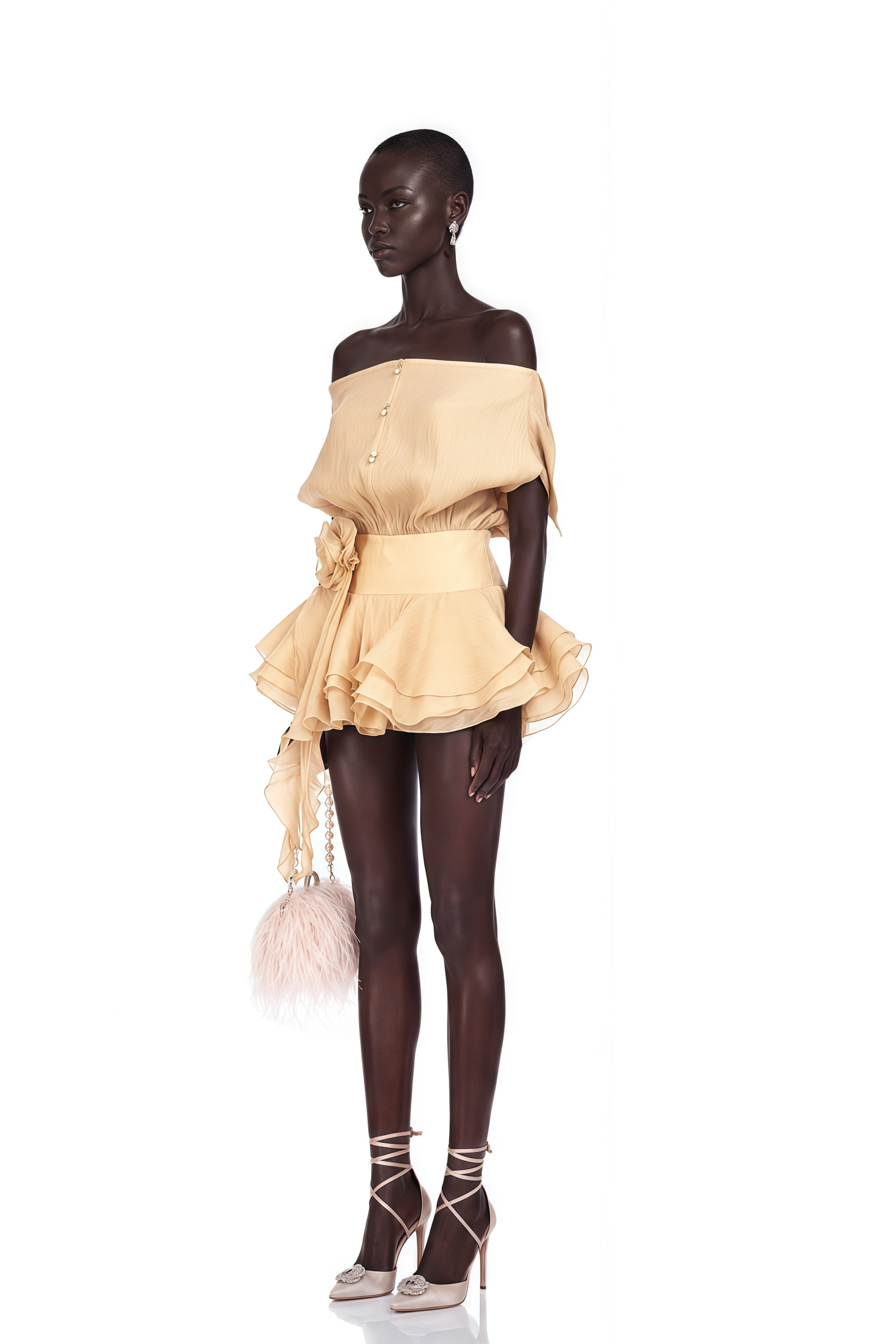 Amélie Floral-Appliqué Flounced Mini Dress in Neutrals
