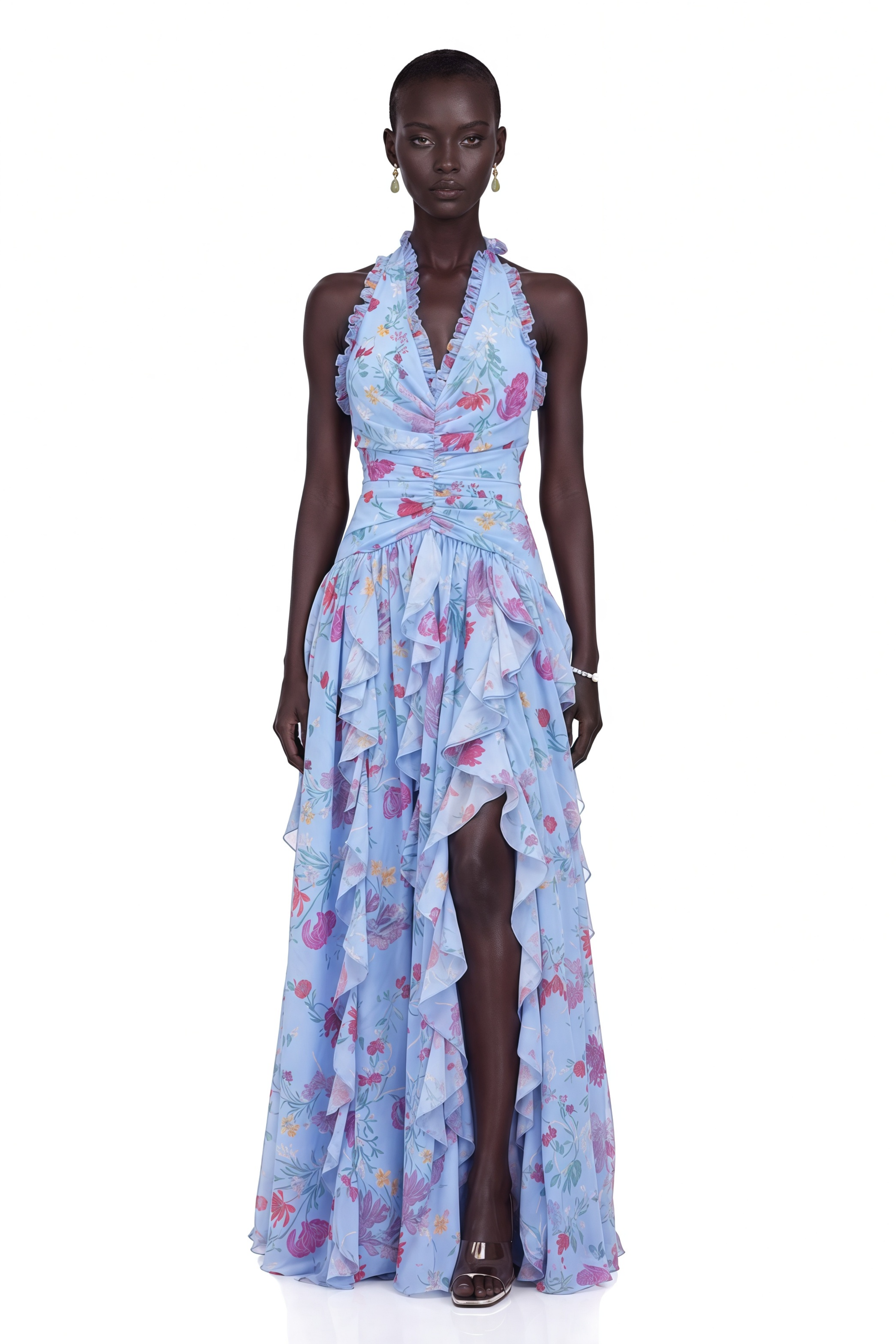 Thaïs Blue Ruffled Floral Print Maxi Dress