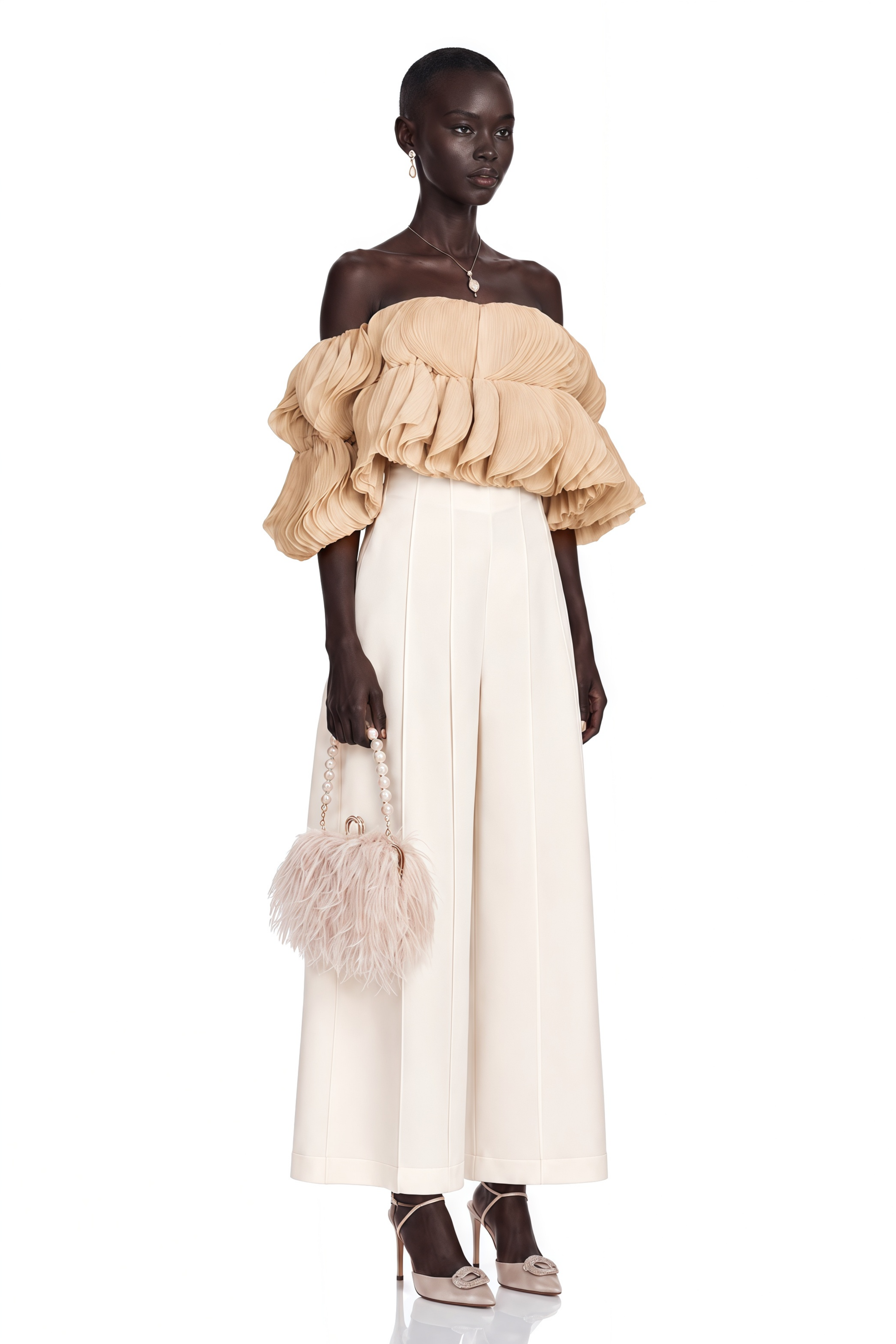 Elise Neutrals Off-Shoulder Shirred Cropped Top