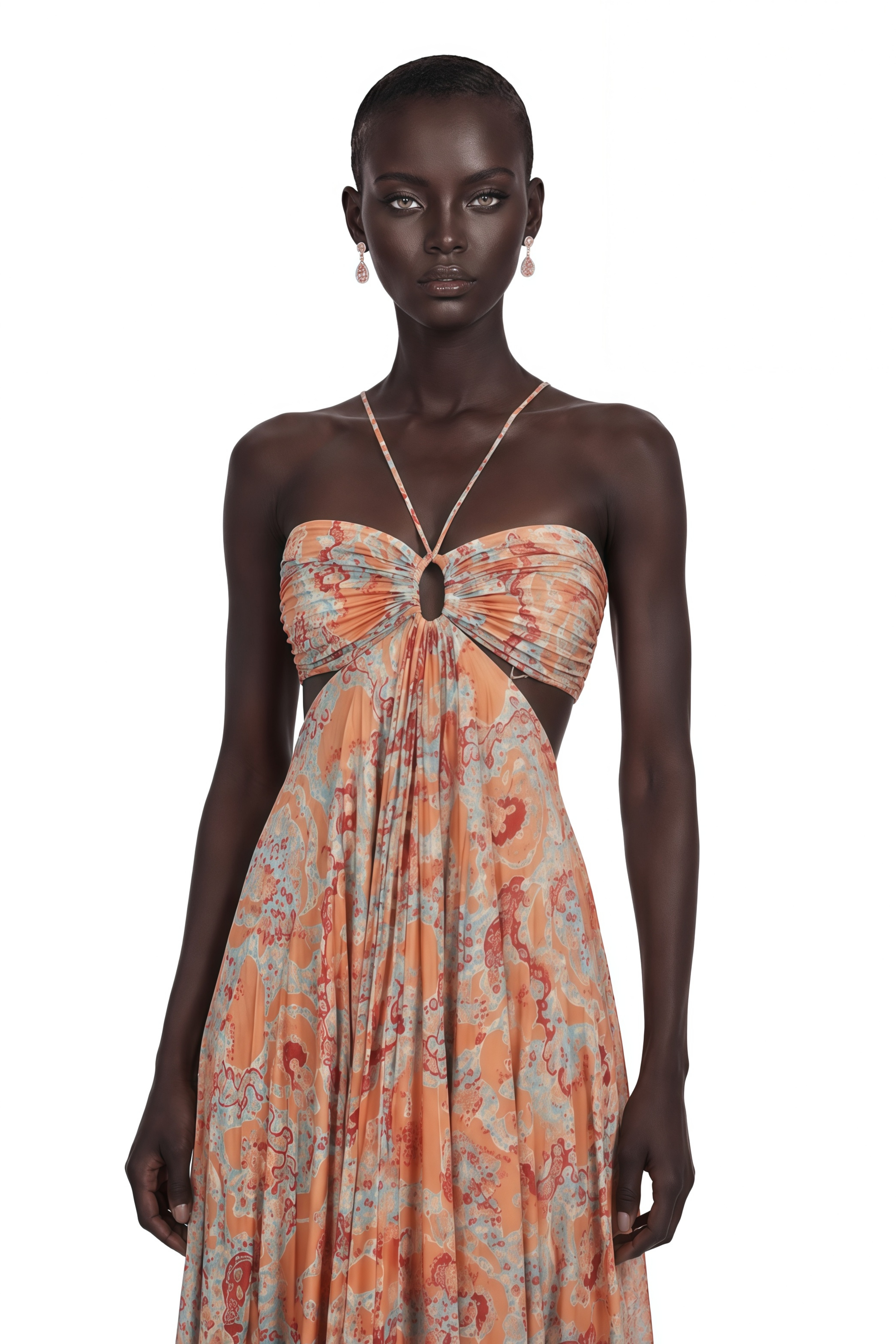 Andréa Orange Floral Print Pleated Maxi Dress with Cutout Detail