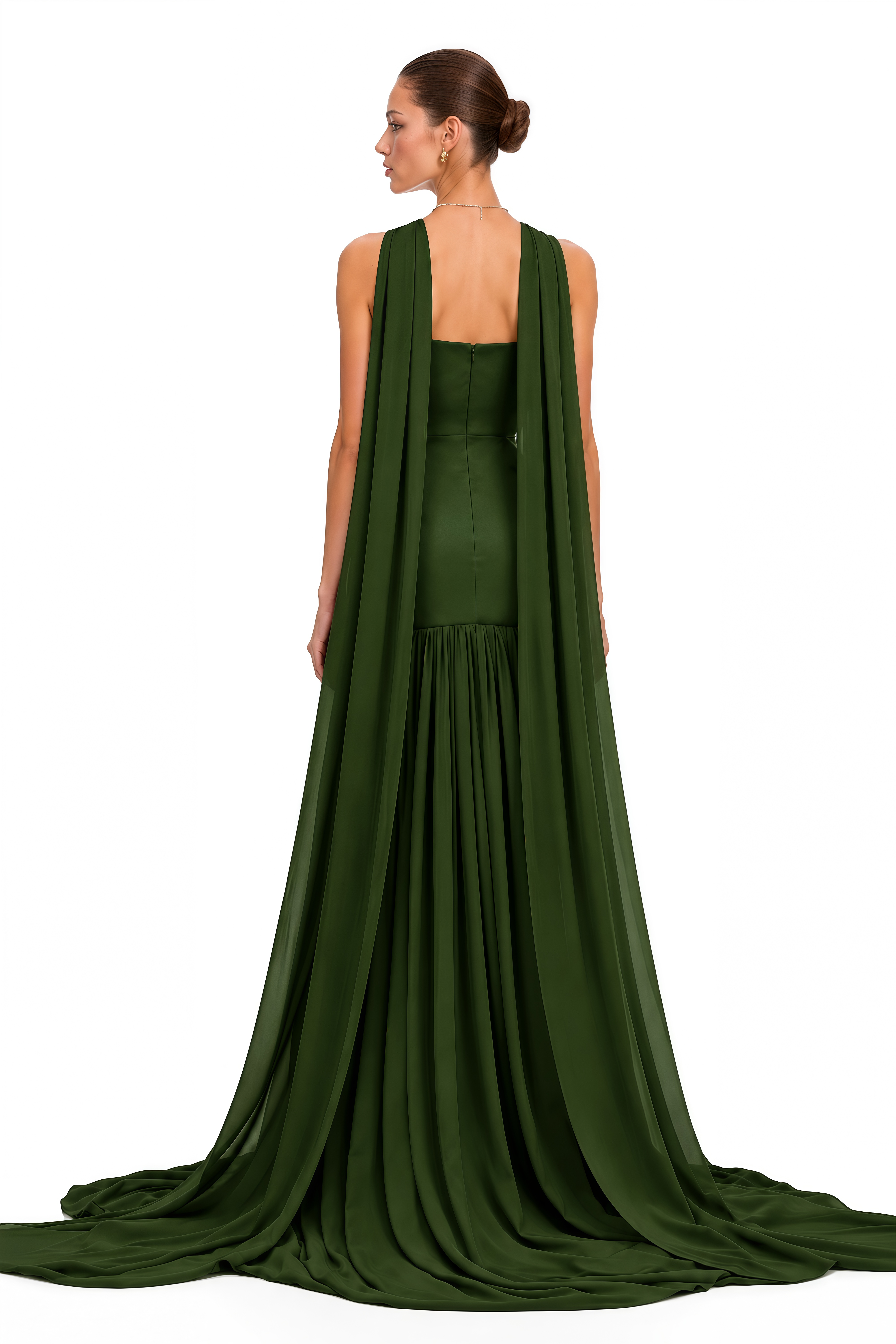 Laetitia Green Pleated Train Ruched Maxi Dress