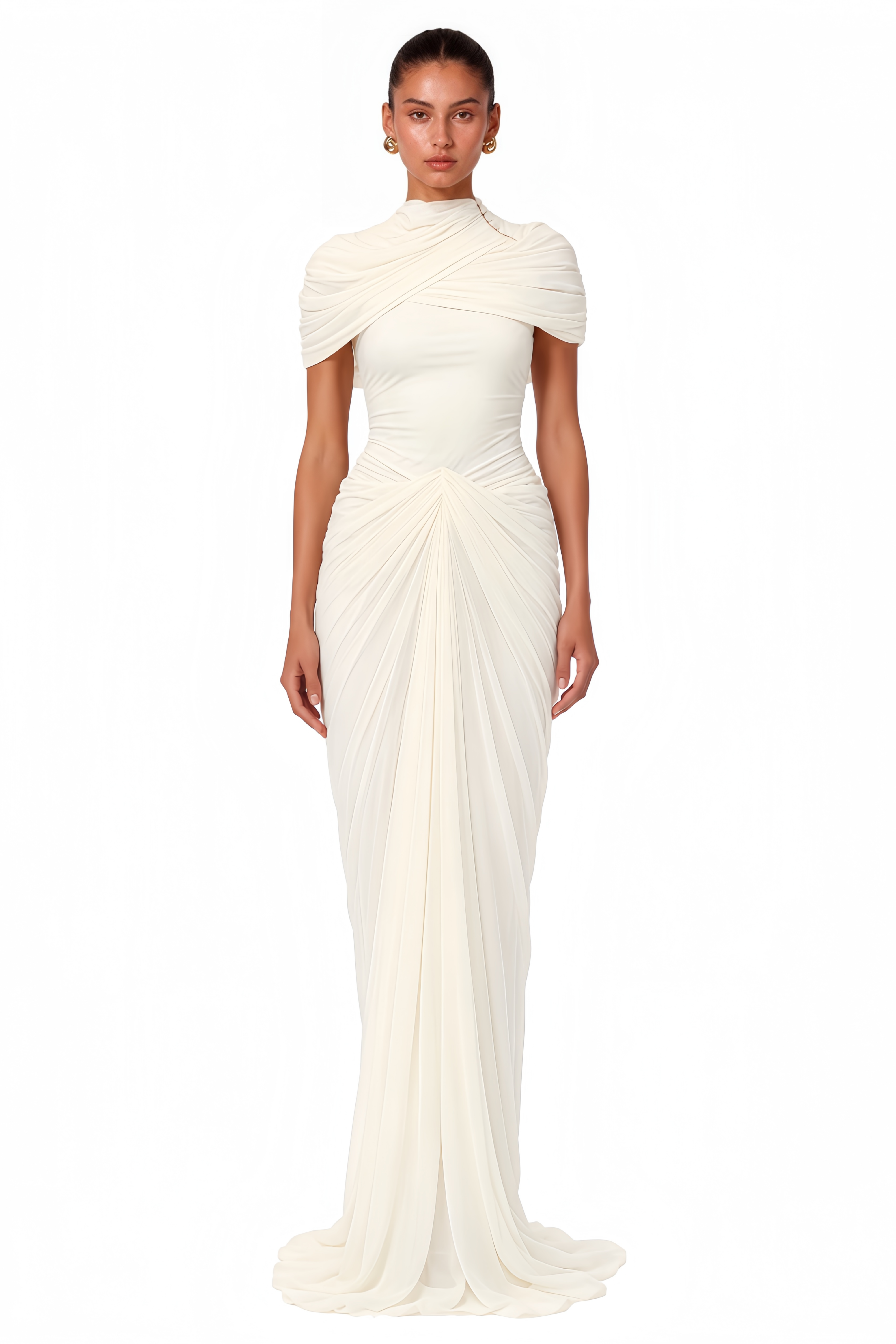 Zeynep White Ruched Maxi Dress with Cape Sleeves